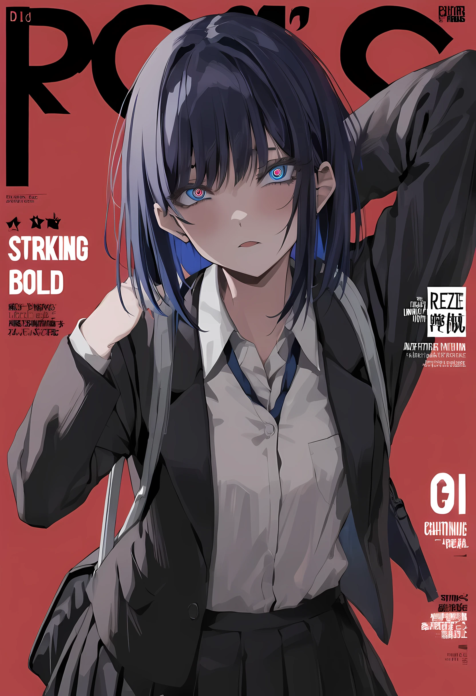 masterpiece, best quality, reze, detailed eyes, hands behind head:1.2, perfect hands, (magazine cover, bold letters, striking bold font, comic cover), wearing black backpack, cool expression, medium shot, 1girl, solo, negative space, red background, red background, wearing black backpack, a girl in a school uniform, detailed blue eyes:1, half closed eyes, detailed eyelashes, sharp eyes, dark royal blue hair, medium length hair, hair behind ear, side bangs, (black blazer, black pleated skirt, black tights), simple, facing viewer, manga illustration-style, bangs, 18 years old, rating: questionable, wearing black backpack, black straps:1, black blazer:1, long-sleeved blazer,
