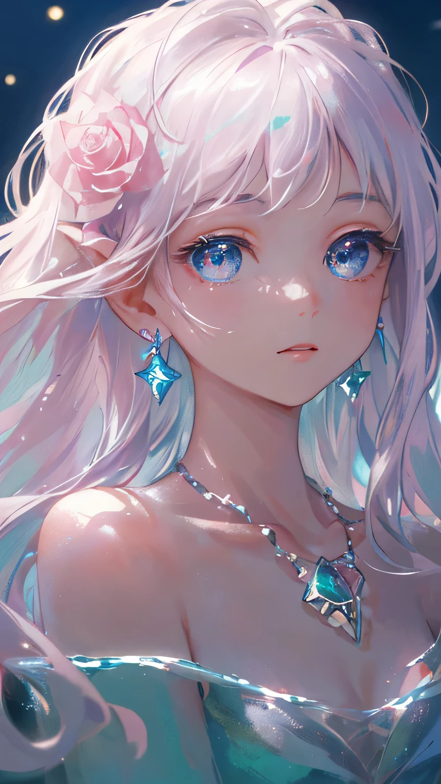 masterpiece, highest quality, shape, Eyes and hair like rose quartz, platinum earrings, platinum necklace, Sea, The Little Mermaid, cute, (dynamic lighting:1.2), cinematic lighting, delicate features, fine eyes, sharp pupils, realistic student, written boundary depth, Bokeh, sharp focus, (very detailed, bloom, shine:1.4), many little gems