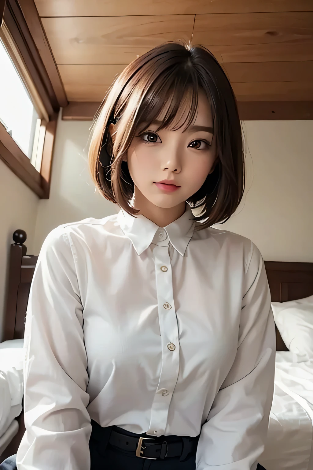 front、white blouse、whole body、((photo taken from below))、Beautiful female police officer、((brown bob hair))、Bedroom