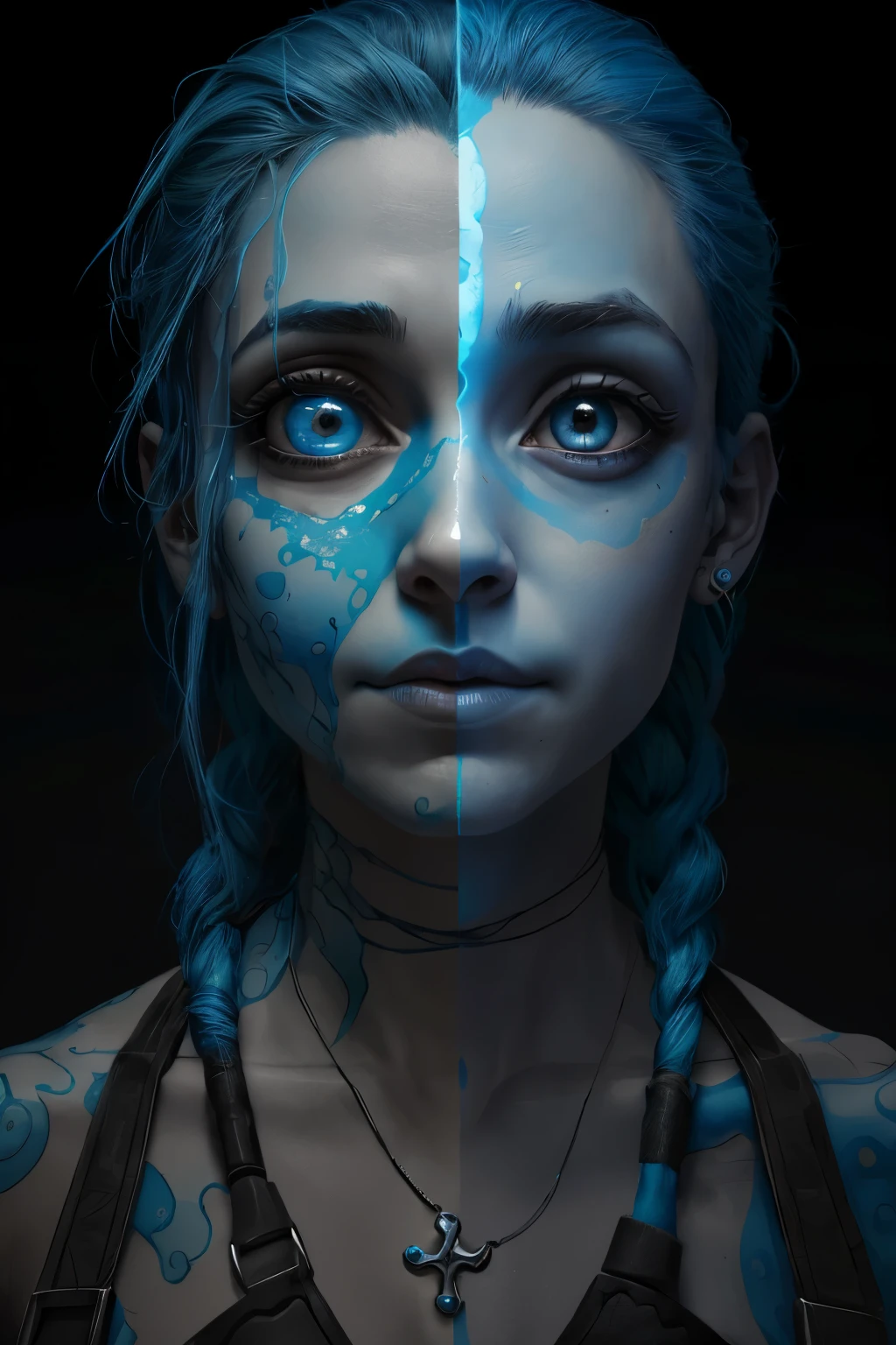 (JinxLol:1.2), (ultra fotorrealista:1.3), (obra-prima:1.4), melhor qualidade, ((realista)), alta qualidade, ultra detalhado, ((Imagem real)), ((pele realista)), (( rosto realista)), (melhor qualidade:1.1), (illustration:1.05), (1garota:1.05), (lindo:1.05), (belos olhos detalhados:1.05), (cinematiclight:1.1), destaques em azul claro, ( corpo inteiro: 1.5) luz azul saindo dos olhos.