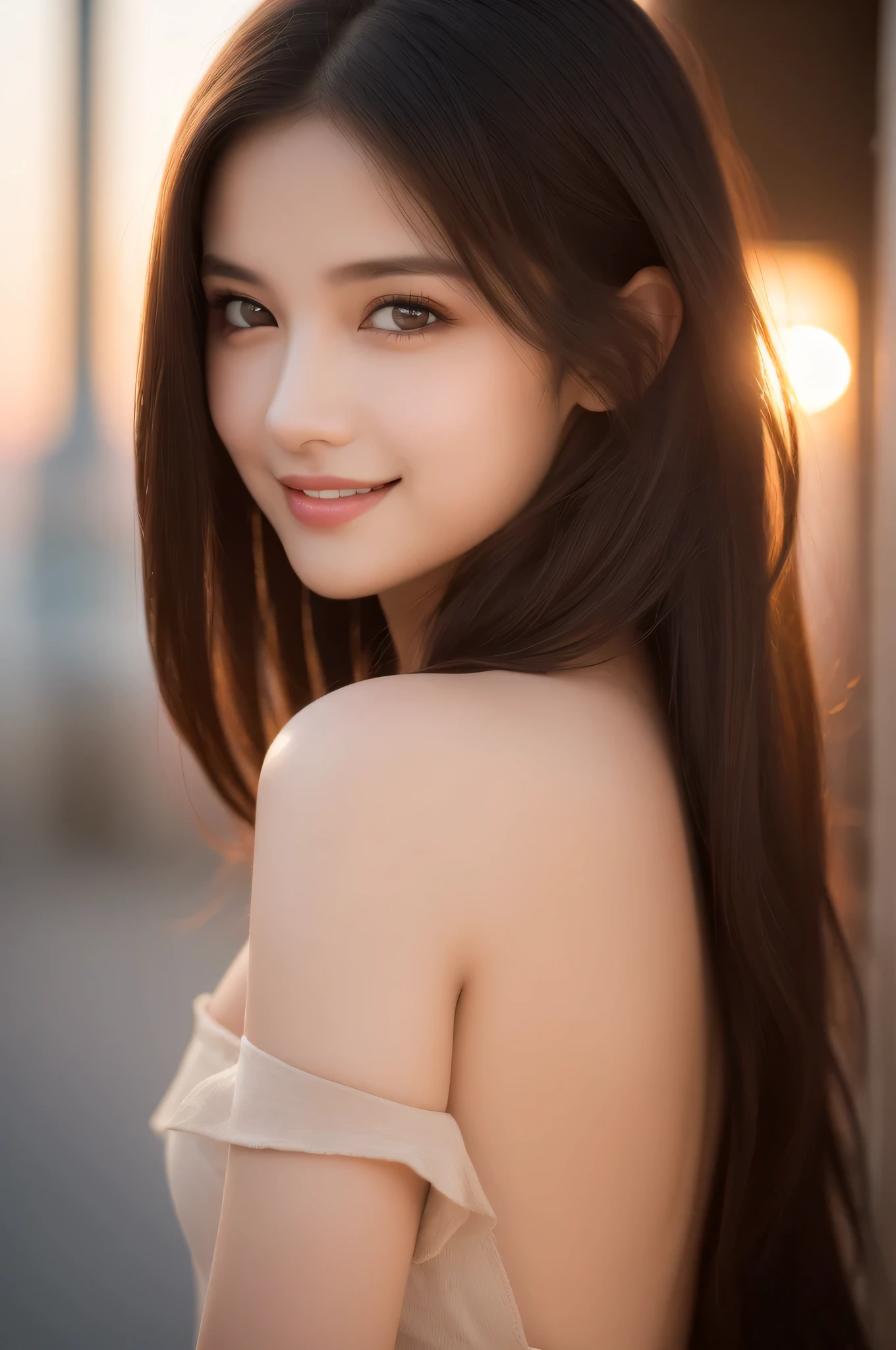 (best quality), (very detailed), (illustration), (Detailed light), (Delicate and extremely beautiful), 1 young girl, brown hair, brown eyes, model, bare shoulders, best quality, วอลล์เปเปอร์ CG รวม 8k ที่very detailed, High-resolution raw color photos, professional photography, (((Bokeh))), depth of field, twilight, sunset,