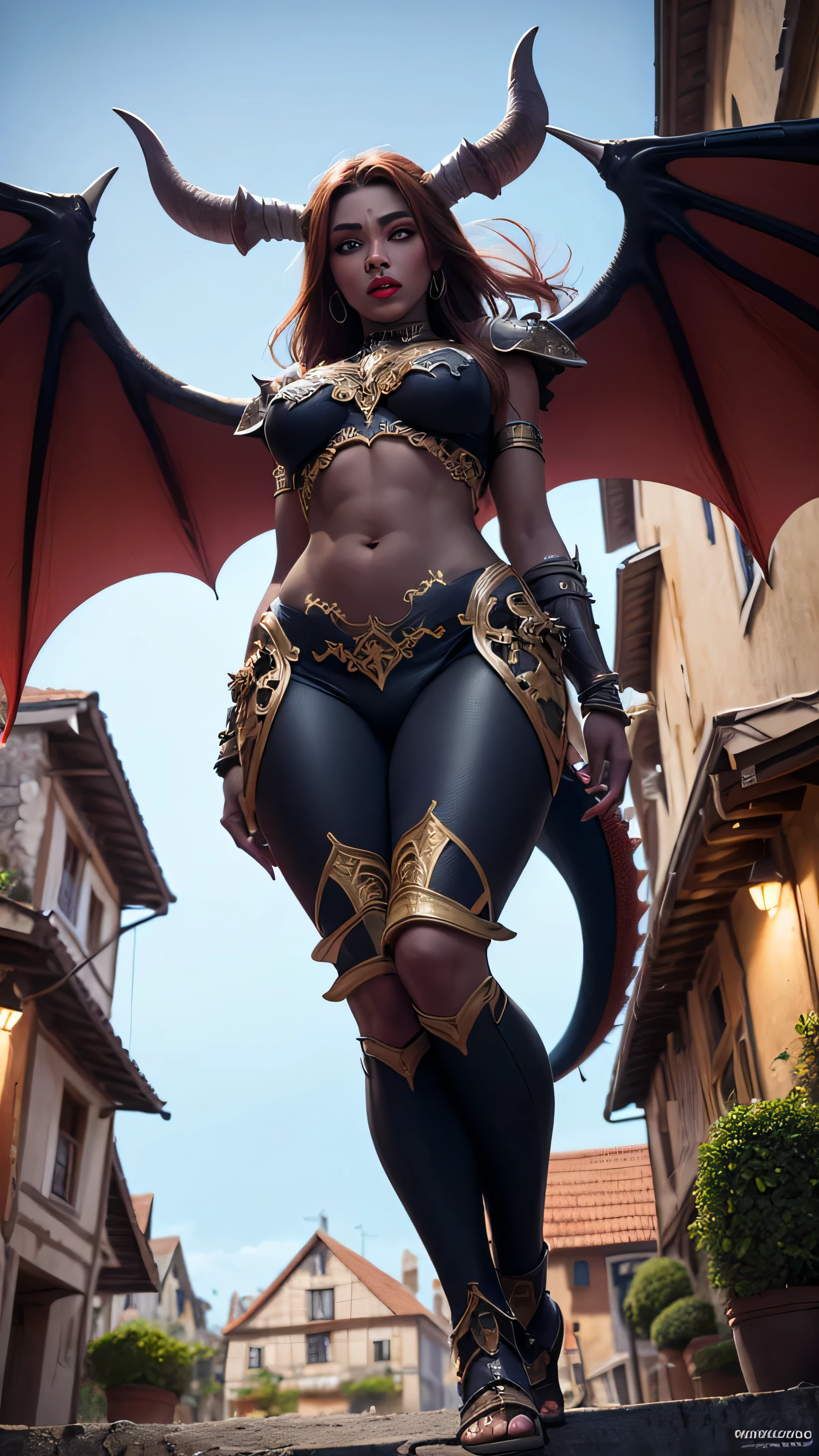 ((best quality: 1.5)) ((masterpiece: 0.8)), intricate details, sharp focus, professional, real life, realistic representation of the face, dim volumetric lighting, dynamic pose, in the style of realistic and hyper detailed renderings BREAK (detailed, ((gigantic dark skin draenei, dragon wings, standing, (looking down, from below)), clear green eyes, ginger hair, red lips, black lacquered filigree breastplate), snarling expression), photorealistic, hyper-realistic, 8K, BREAK, (((background town square medieval village)))