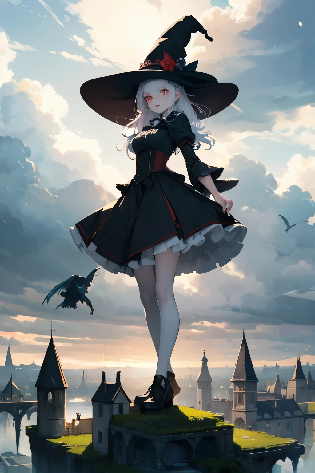 ((best quality)), ((masterpiece)), (detailed), perfect face,big perspective,Exaggerated movements,whole body,Big skirt,fantasy style,Two dimensions,witch,white hair,red pupils,pale skin,wizard hat,lolita skirt,sky background,Stormy weather