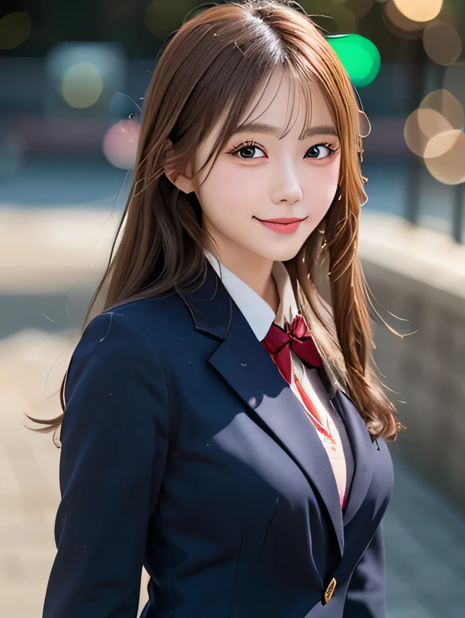 table top, highest quality, super detailed, finely, High resolution, 8k wallpaper, perfect dynamic composition, 1 girl, japanese girl, enchanting smile, smile shyly, beautiful, Very good-looking, cute like a doll, female idol, round big eyes, droopy eyes, small nostrils, 緻密でbeautiful目,  natural lip,blazer , Japanese high school uniform, big breasts, bust shot, soft light, using a reflector, (50mm lens:1.3), f/1.4, (Bokeh:1.4), (blurred background:1.4),