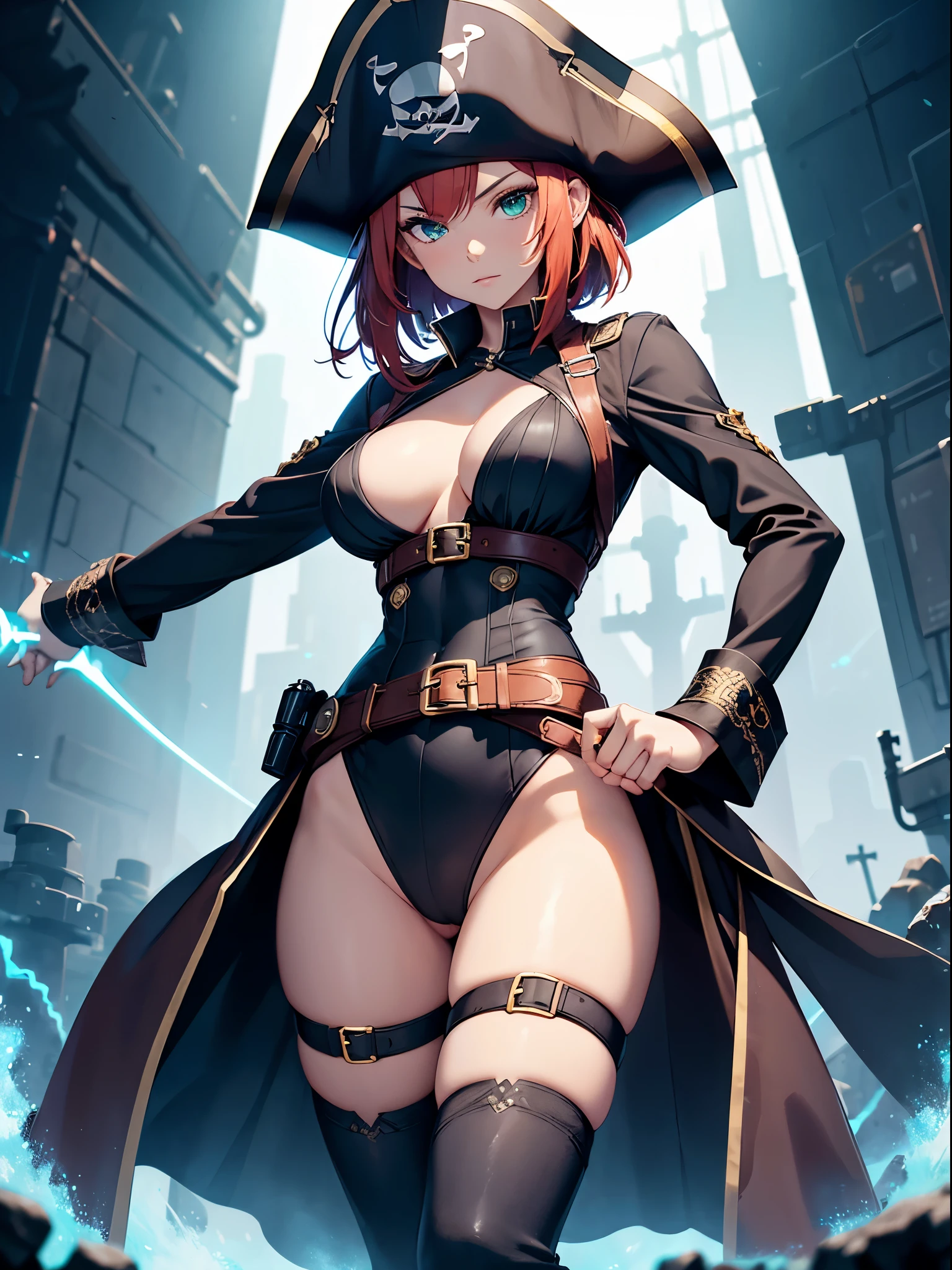 1girl, solo, masterpiece, best quality, black leotard, (long sleeves, pirate costume, pirate hat, pirate boots), body infused with electricity, lighting, particles, redhead, green eyes, blue aura, energy field, full body shot, depth of field, looking at viewer, spread arms, bare legs, medium breasts, bob hair, short hair, perfect anatomy, perfect hands, tall body, tight belt