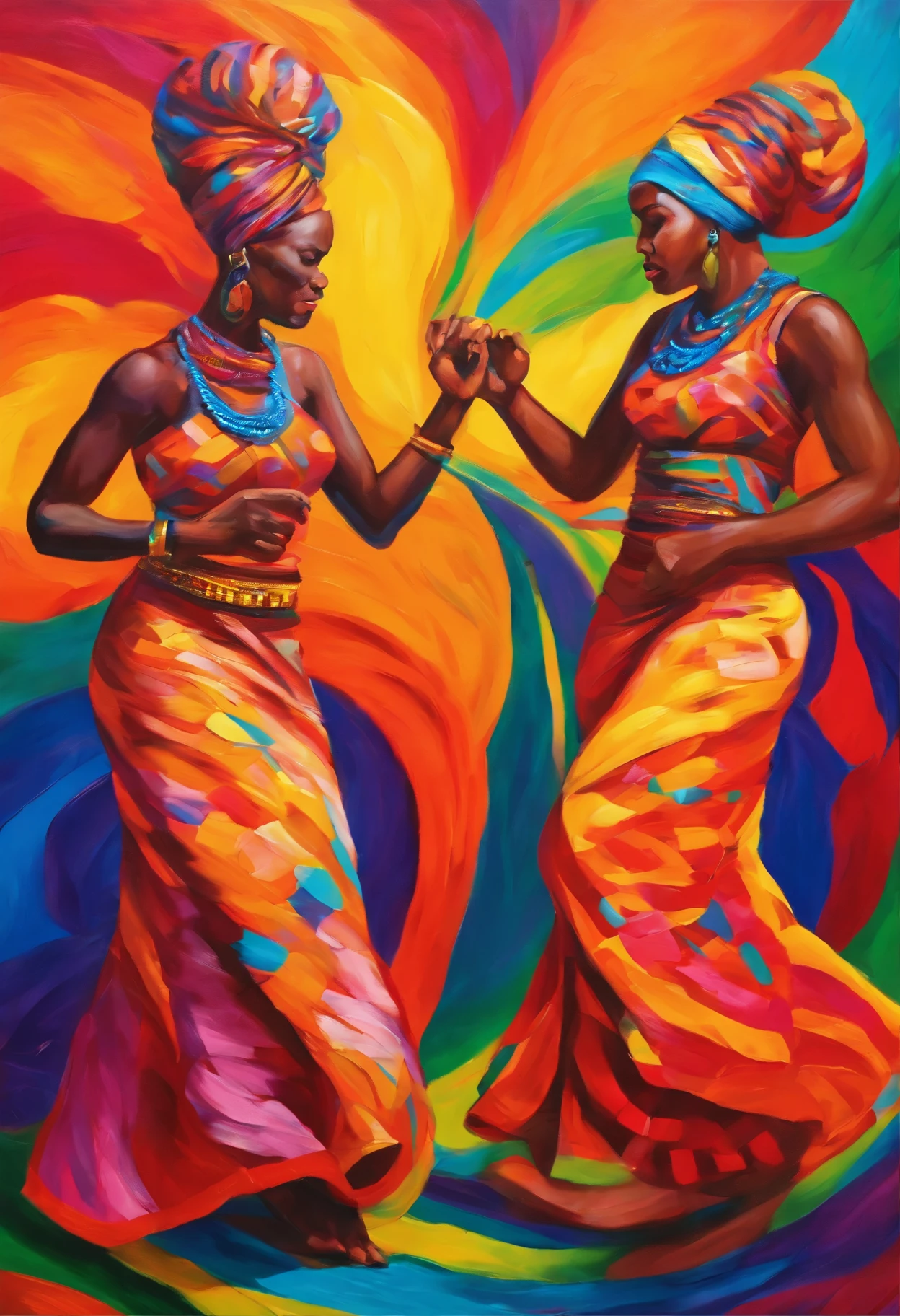 Colorful oil painting Realism of Yoruba, Asante, and Candomblé women dancing in a circle, showcasing their diverse traditional attire. Focus on flowing fabrics, rhythmic movement, and expressions of celebration,