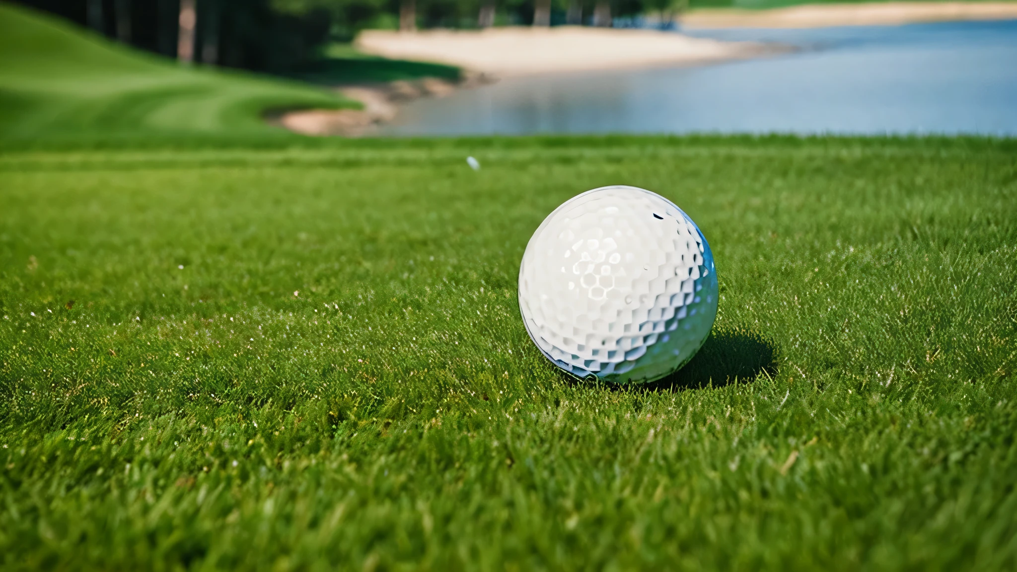 A golf ball rests on the calm green of a golf course