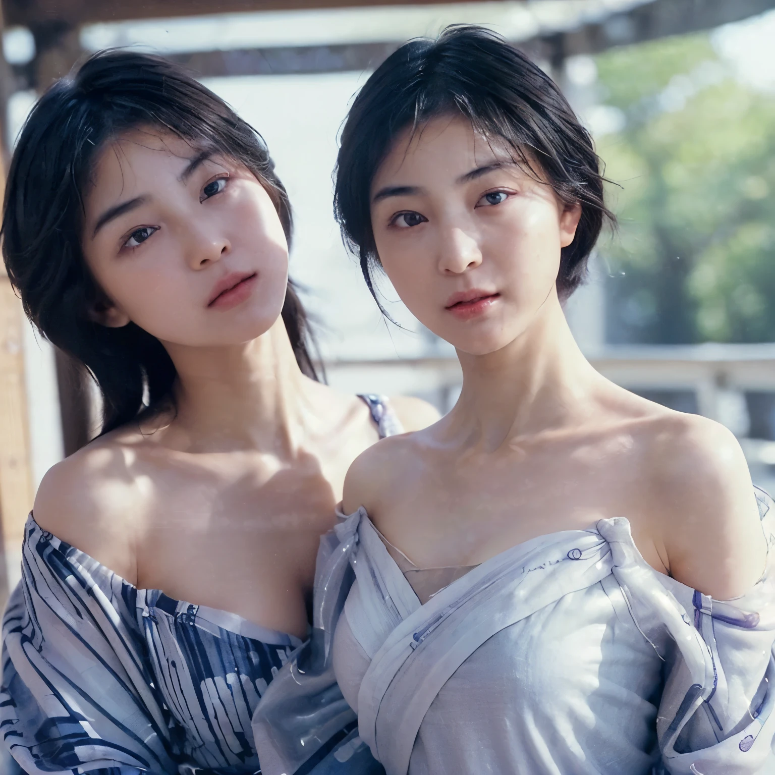 ((realistic lighting, highest quality, 8k, masterpiece: 1.3)), ((clear focus:1.8)), break (2 cute girls, Randomly change face type & two women's hair:1.7), break (perfect beauty, very clear skin, Very fair skin, super smart, young face、baby face、Faces with random and very beautiful details, detailed face, Beautiful symmetrical face, Beautiful symmetrical eyes, catch light on eyes、Detailed and beautiful eyes Details, large, drooping eyes, hyper detail eyes, Both eyes are in sync and in focus, thin lips、black short hair:1.4), break ((7 tolls, ramp shoulder, narrow shoulders, thin upper chest, Thin under the chest, thin waist:1.5), (very big breasts, soft chest:1.7)), (random color, random hair:1.5), (exquisite beautiful face) break (off shoulder yukata:1.5), slim body shape, break (random emotions:0.8, Random poses that are conscious of body lines synchronized with emotions, random angle, random position, random position:1.5), (Enjoy Japanese summer festivals:1.5), double eyelid,