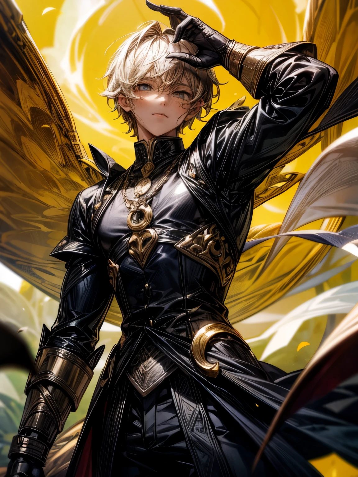 Gere uma imagem de um personagem com os seguintes atributos: ((melhor qualidade)), ((1 PERSONAGEM)). The character is a man with wheat-colored hair, honey amber eyes, a noble and mature appearance, vestindo uma armadura preta coberta por um manto verde. The hair is short and wavy, with a neutral expression. The character is adorned with a crescent moon, completo, e colar de lua minguante, bem como um colar de ametista. lua de sangue. The style is manga, Pose Nobre