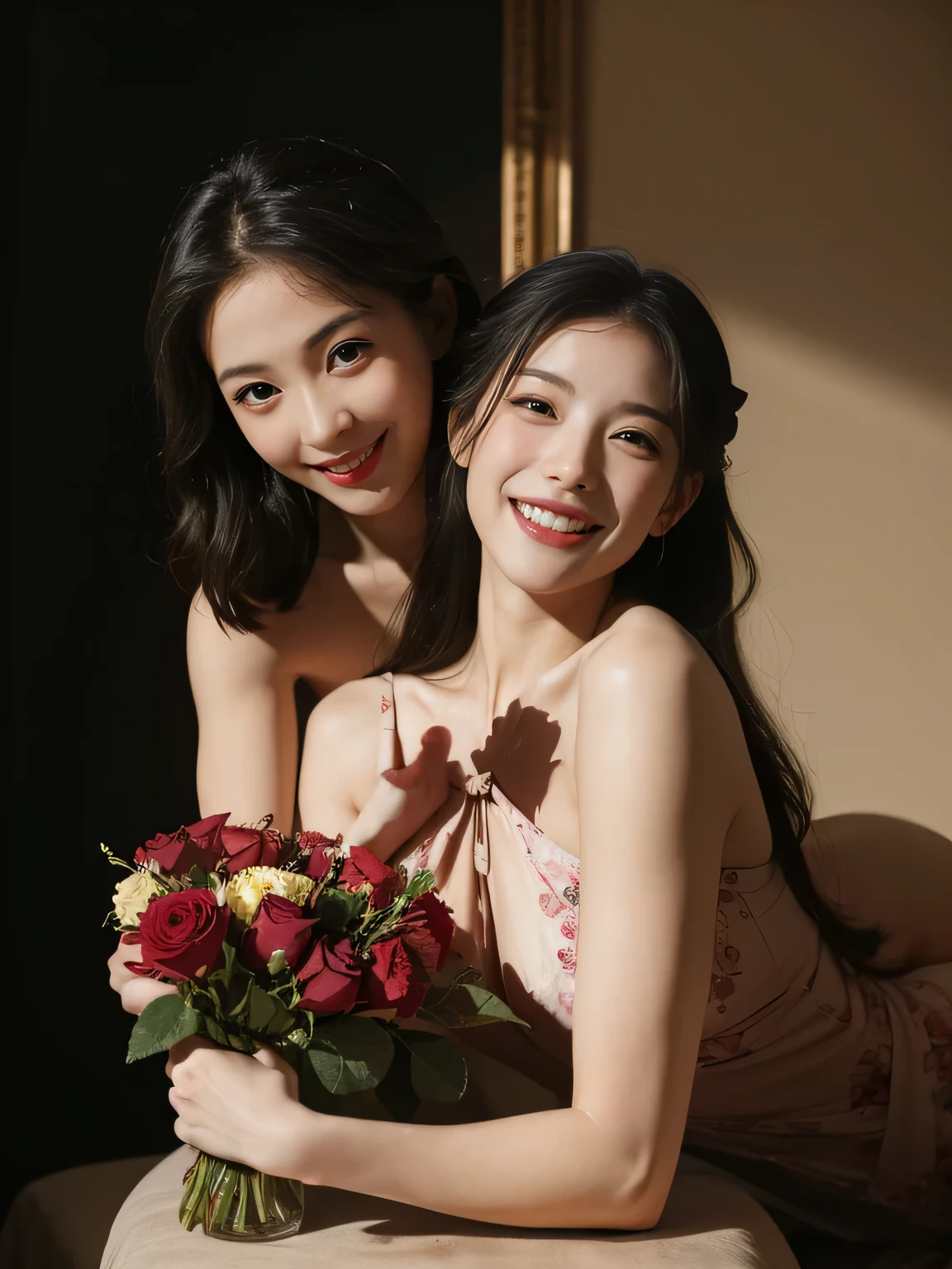 full body portrait ,fruit,Rose ,flower,rosa,antique,laughter,,sweet and enchanting appearance.、caravaggio painting、Caravaggio's Chiaroscuro,two women having fun,cute smile, expression of ecstasy