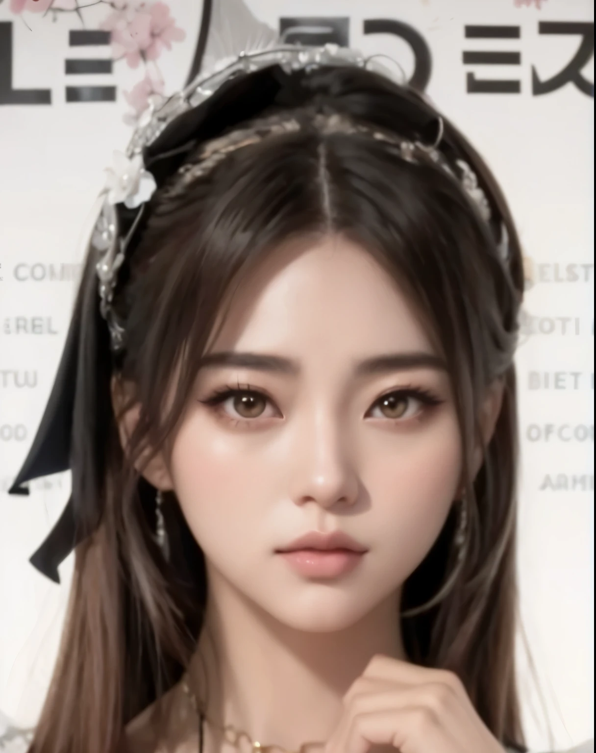 un primer plano de una mujer que llevaba una diadema y un collar, kawaii Realista portrait, Realista. cheng yi, obra de arte al estilo de guweiz, impresionante retrato de cara de anime, joven y adorable rostro coreano, retrato detallado de chica anime, Realista anime 3 d style, Realista young anime girl, Korean idol woman portrait, Realista anime face, guweiz