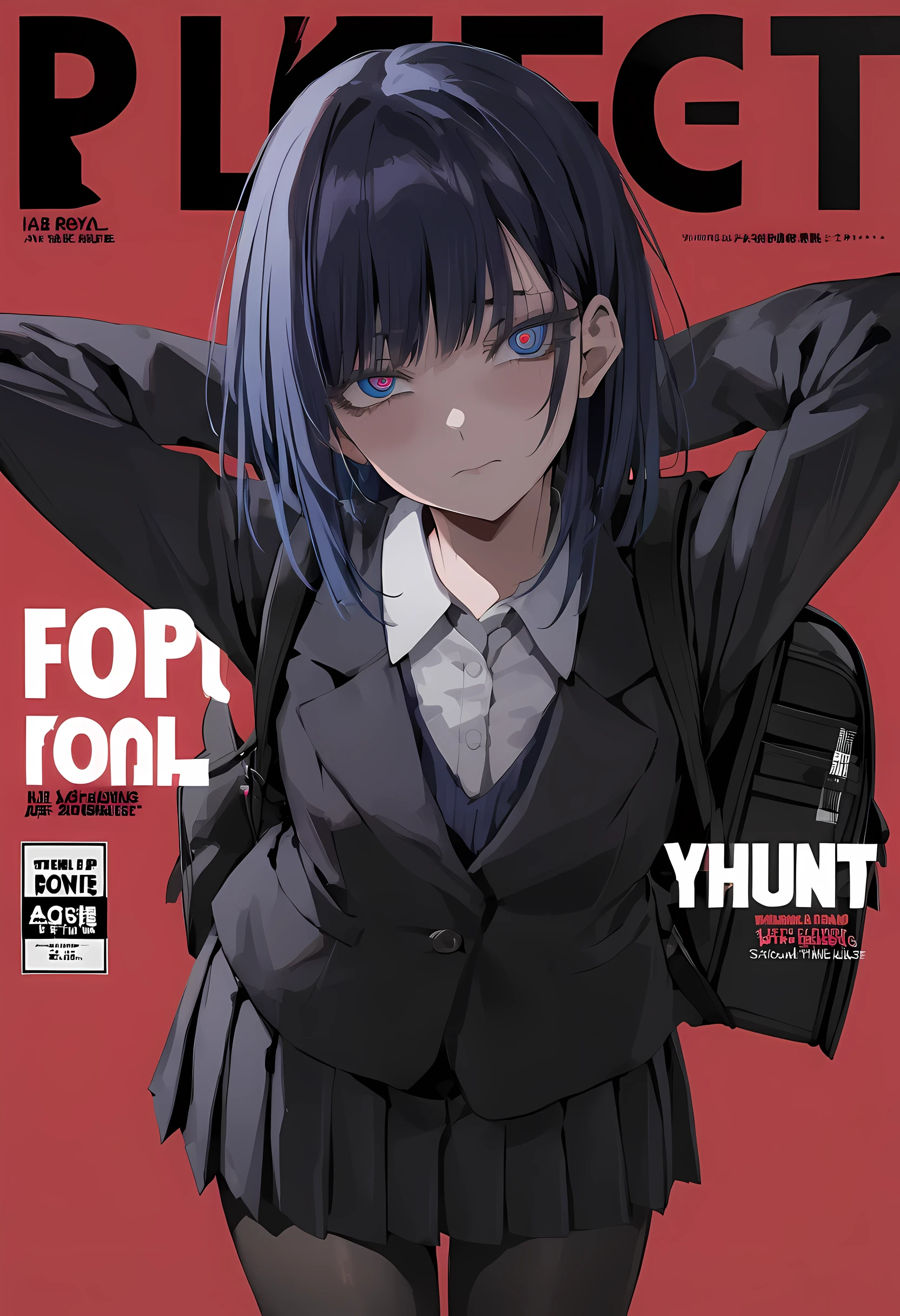 masterpiece, best quality, reze, detailed eyes, hands behind head:1.2, perfect hands, (magazine cover, bold letters, striking bold font, comic cover), wearing black backpack, cool expression, medium shot, 1girl, solo, negative space, red background, red background, wearing black backpack, a girl in a school uniform, detailed blue eyes:1, half closed eyes, detailed eyelashes, sharp eyes, dark royal blue hair, medium length hair, hair behind ear, side bangs, (black blazer, black pleated skirt, black tights), simple, facing viewer, manga illustration-style, bangs, 18 years old, rating: questionable, wearing black backpack, black straps:1, black blazer:1, long-sleeved blazer,
