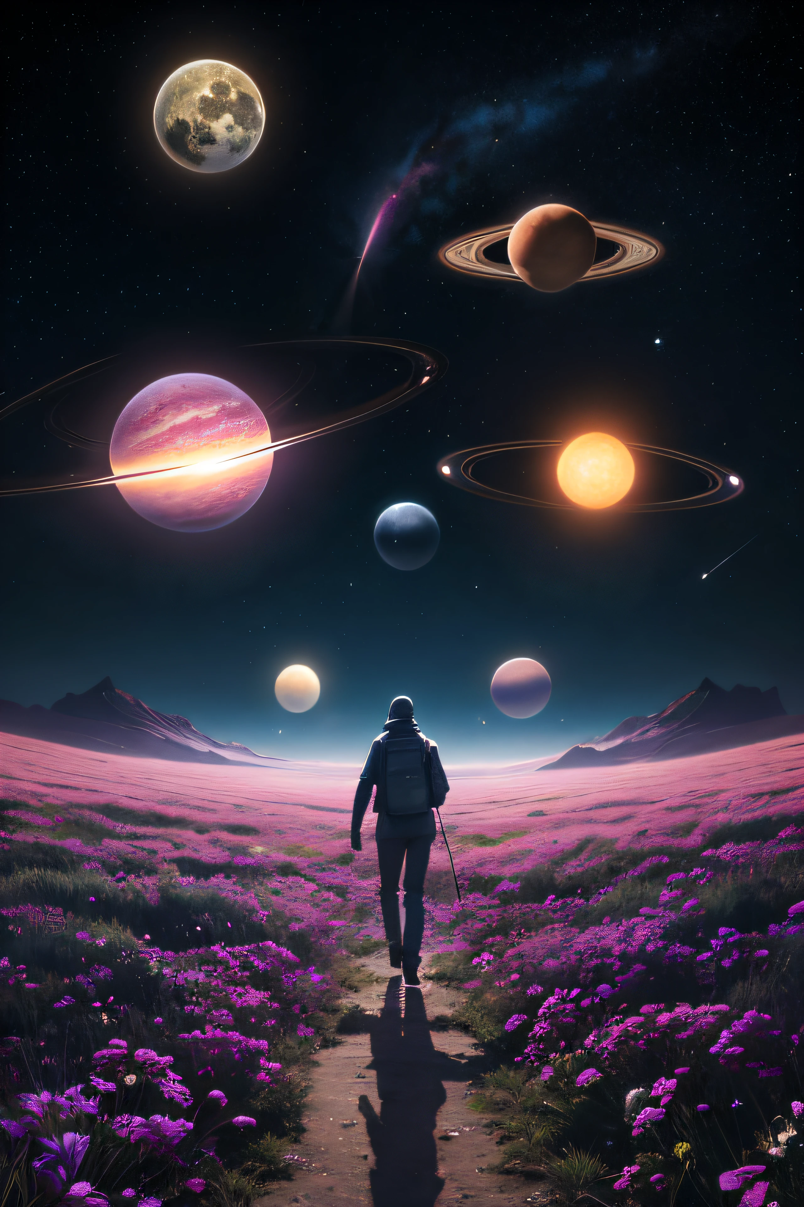 homem anda no vazio,pure ecstasy,psychedelic patterns, psychedelic colours,lots of magic mushrooms, planetas flutuando, meteoro passa