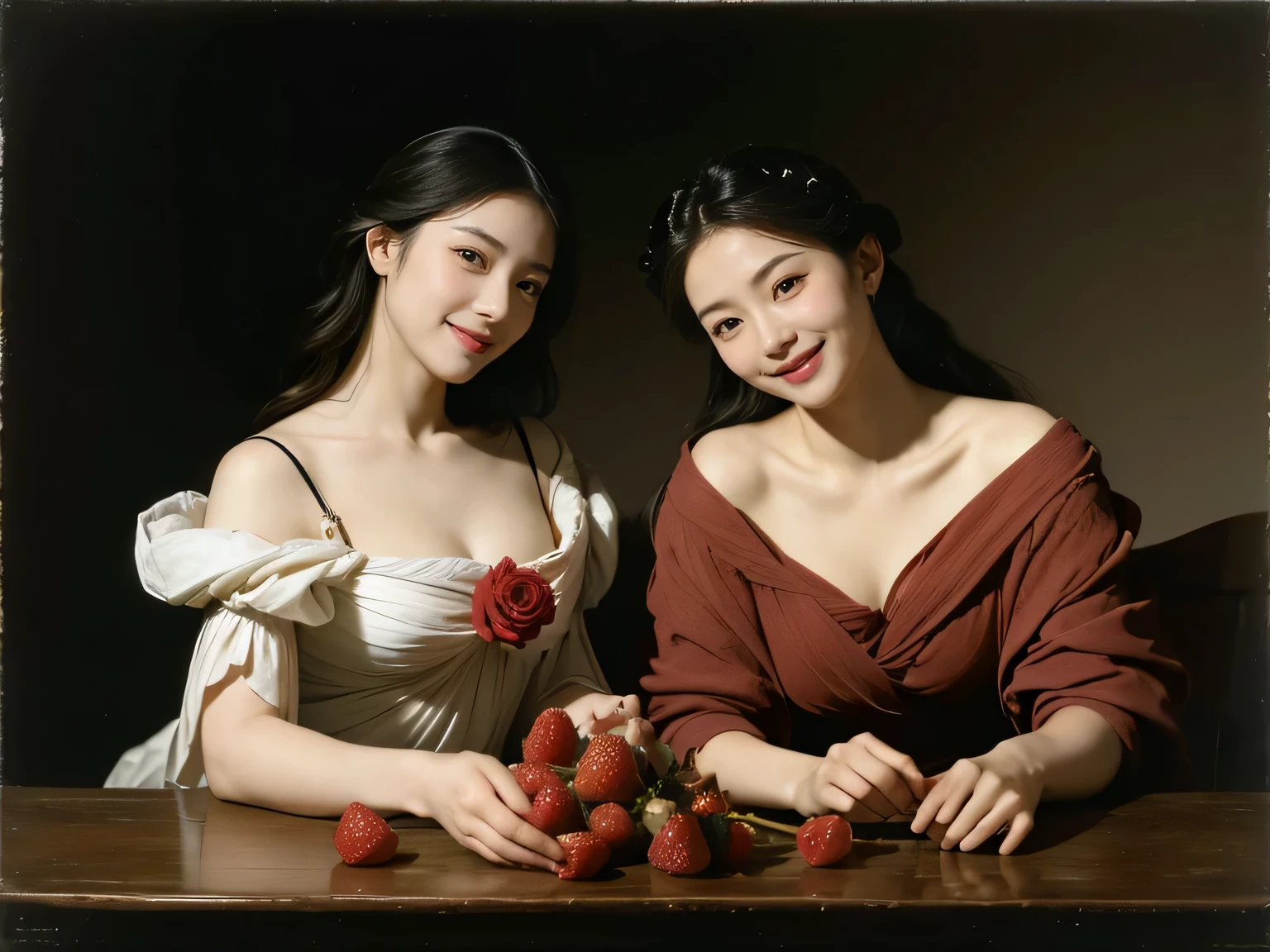 full body portrait ,fruits,Rose ,flower,Rosa,antique,A smile,,Sweet and seductive appearance.、Caravaggio's paintings、Chiaroscuro of Caravaggio,Two women frolicking,Cute smile, Expression of ecstasy