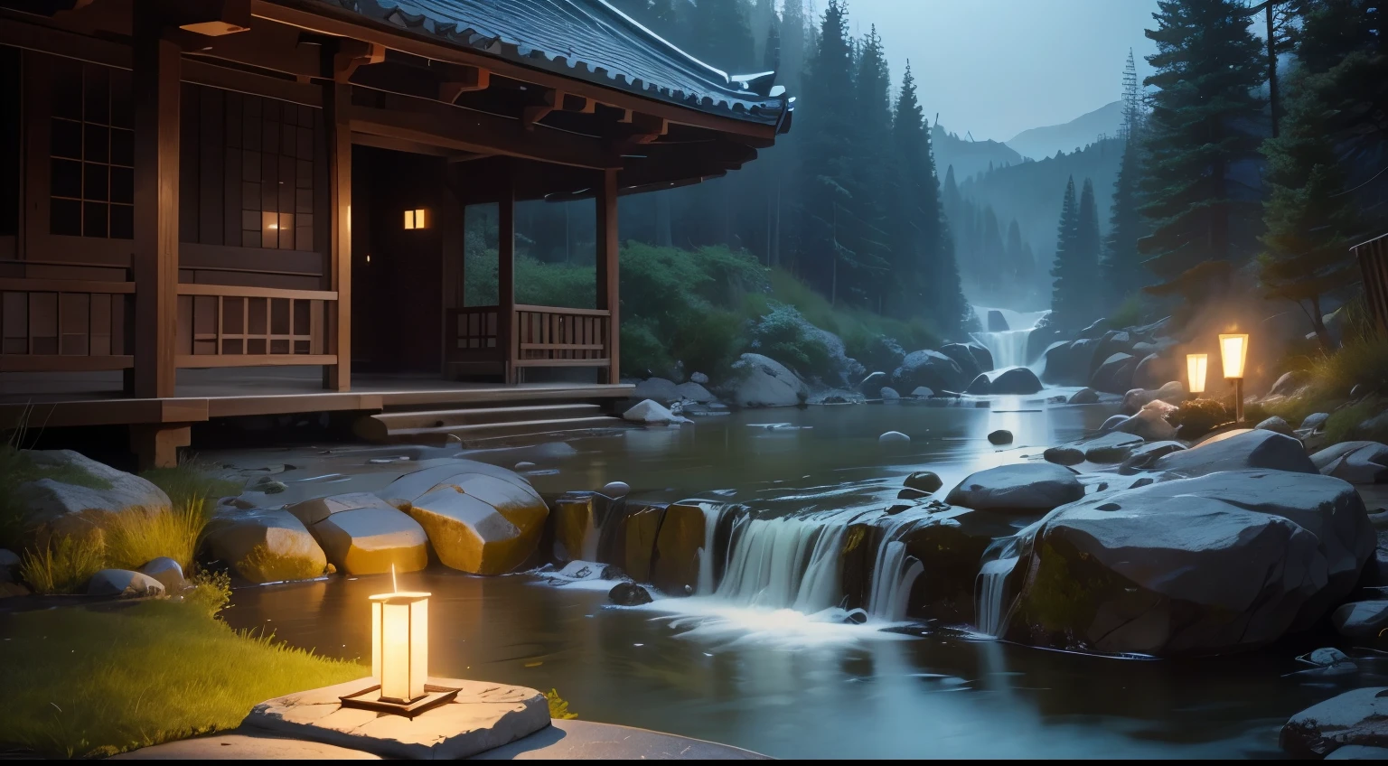 break, Calm, medical treatment, heal, Scenery of Korea, night view, a small stream flowing at the edge, candle, scales floating in the air