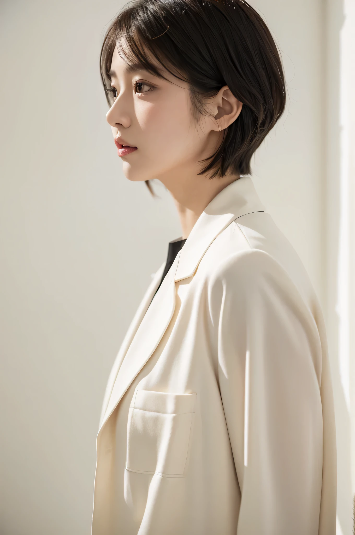 realistic light,natural light,white background,top quality、8 thousand、32,000、masterpiece、UHD:1.2)、photo of korean woman、Korean Shorthair、black hair、upper part of the body,bust、from above、Short hair,ivory jacket,profile,아주Short hair,shortcut,45 city line,pair of,wet hair,good hair