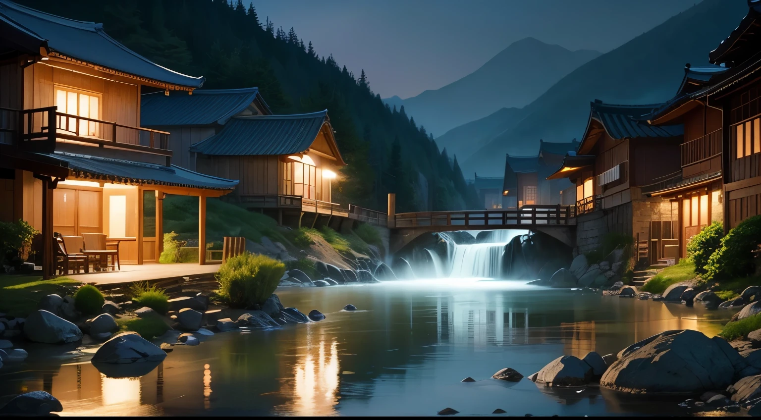 break, Calm, medical treatment, heal, Scenery of Korea, night view, a small stream flowing at the edge, candle, scales floating in the air