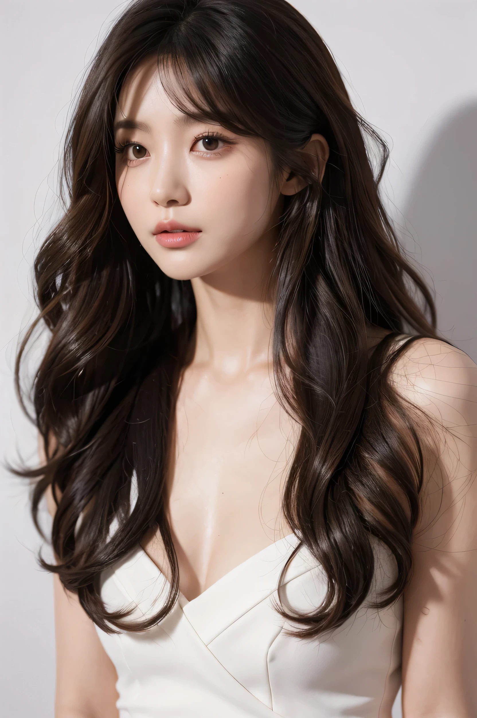 realistic light,natural light,white background,top quality、8 thousand、32,000、masterpiece、UHD:1.2)、photo of korean woman,small eyes,Korean hippie permed hair、dark brown hair、upper part of the body,bust、from above、wavy hair,black neck tee,pair of,wet hair,good hair,multi-layered hair,layer cut hair,c curl