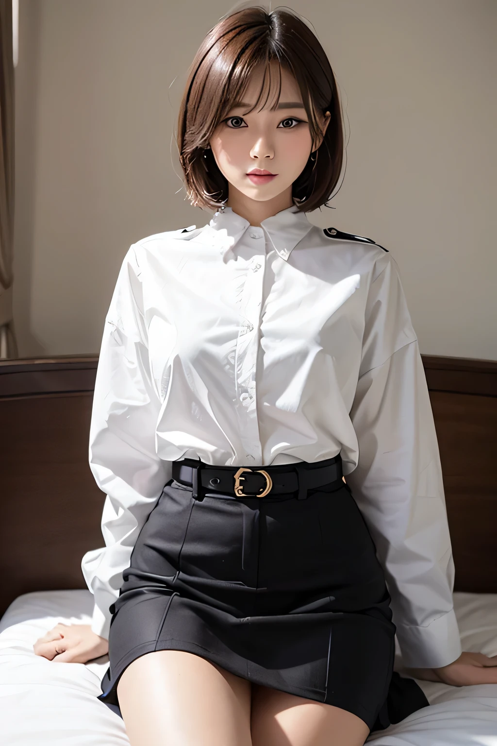 mini skirt、front、white blouse、whole body、((photo taken from below))、Beautiful female police officer、((brown bob hair))、Bedroom