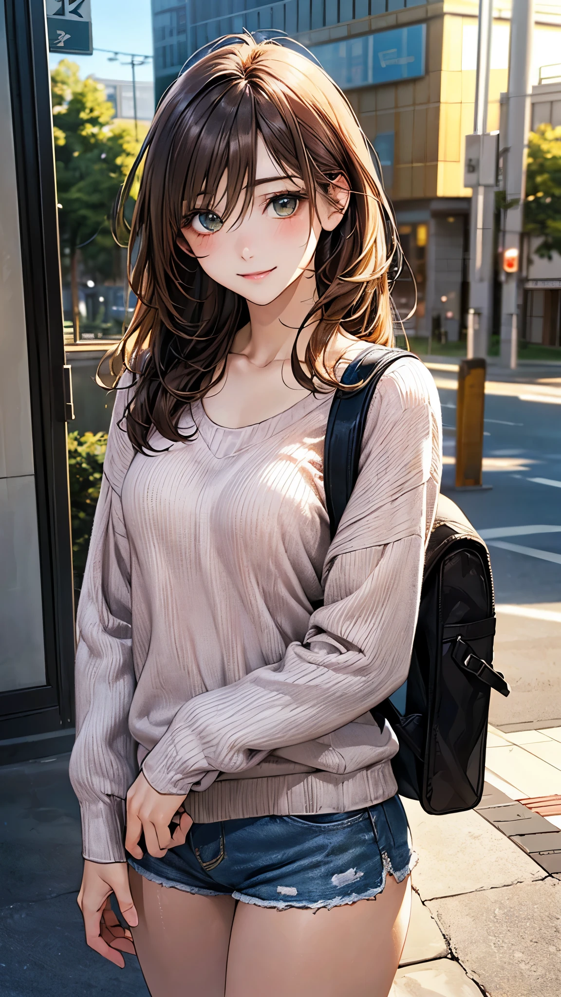 (masterpiece:1.2, top-quality), (realistic, photorealistic:1.4), beautiful illustration, (natural side lighting, movie lighting), nsfw, 
looking at viewer, 1 girl, japanese, high school girl, 15 years old, perfect face, cute and symmetrical face, shiny skin, 
(long hair:1.2, messy hair, sideburns, light brown hair), hair between eyes, dark green eyes, long eye lasher, (medium breasts), slender, 
beautiful hair, beautiful face, beautiful detailed eyes, beautiful clavicle, beautiful body, beautiful chest, beautiful thigh, beautiful legs, beautiful fingers, 
(light gray sweater, denim shorts, light pink backpack), 
(beautiful scenery), late afternoon, (outdoors), standing, (lovely smile, upper eyes, open mouth),