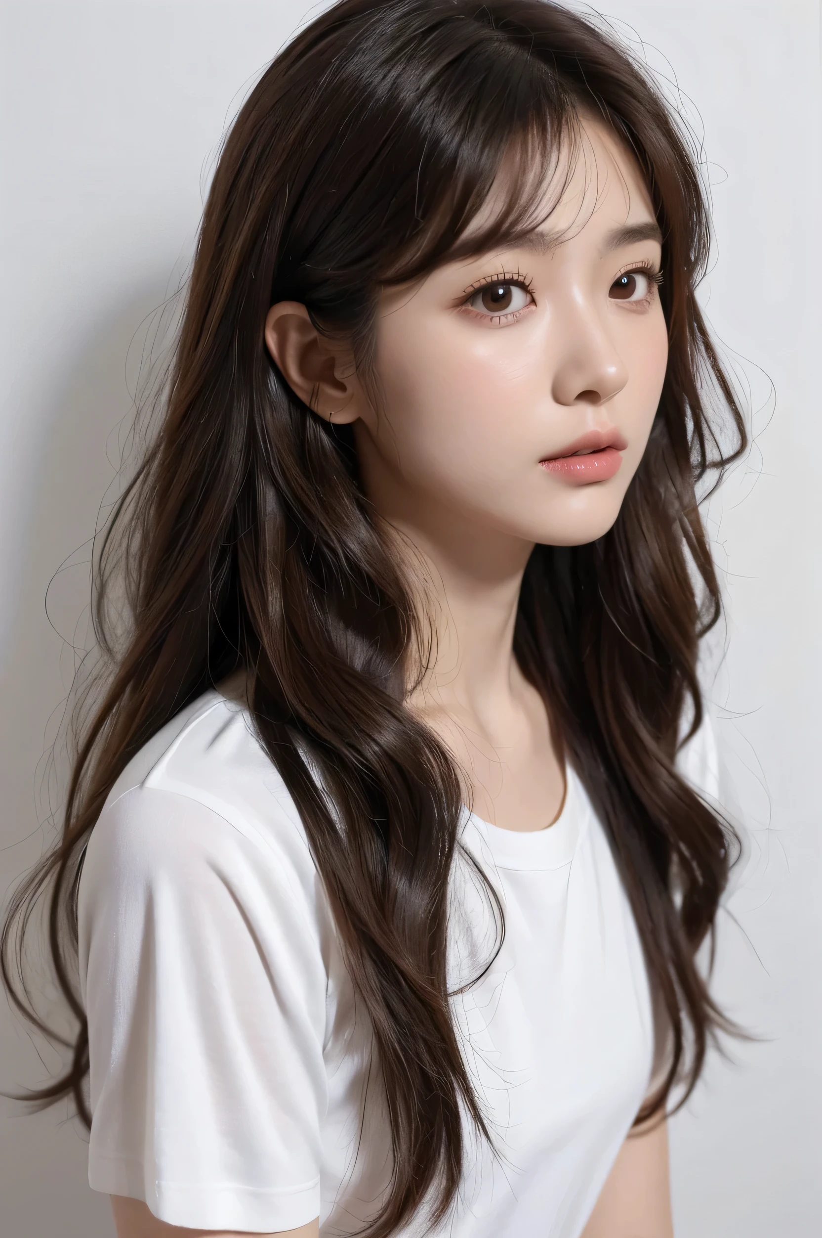 realistic light,natural light,white background,top quality、8 thousand、32,000、masterpiece、UHD:1.2)、photo of korean woman,small eyes,코리안 hippie perm헤어、dark brown hair、upper part of the body,bust、from above、wavy hair,white neck t-shirt,long hair,pair of,wet hair,good hair,multi-layered hair,layer cut hair,perm hair,wave perm,Jelly perm,hippie perm,wavy hair