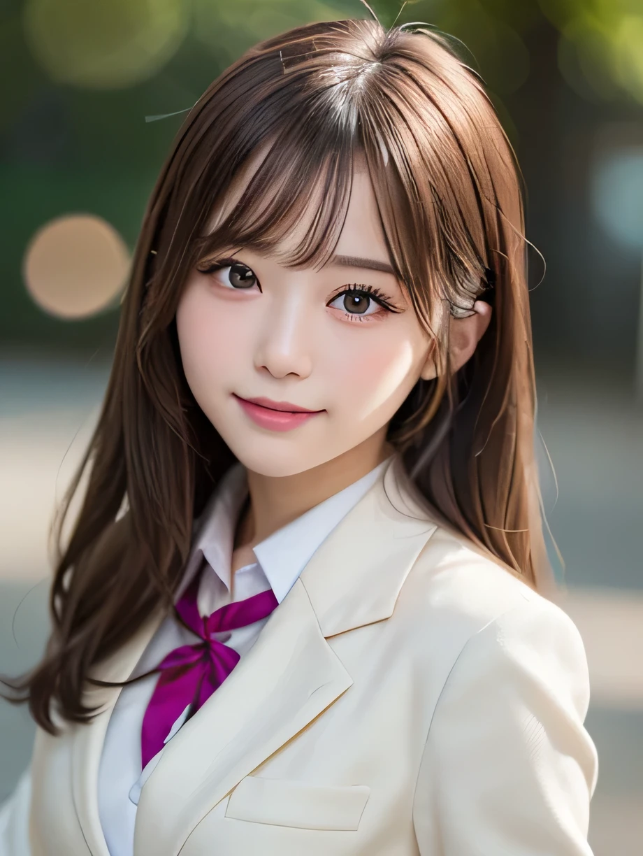 table top, highest quality, super detailed, finely, High resolution, 8k wallpaper, perfect dynamic composition, 1 girl, japanese girl, enchanting smile, smile shyly, beautiful, Very good-looking, cute like a doll, female idol, round big eyes, droopy eyes, small nostrils, 緻密でbeautiful目,  natural lip, not wearing makeup, blazer , Japanese high school uniform, big breasts, bust shot, soft light, using a reflector, (50mm lens:1.3), f/1.4, (Bokeh:1.4), (blurred background:1.4),
