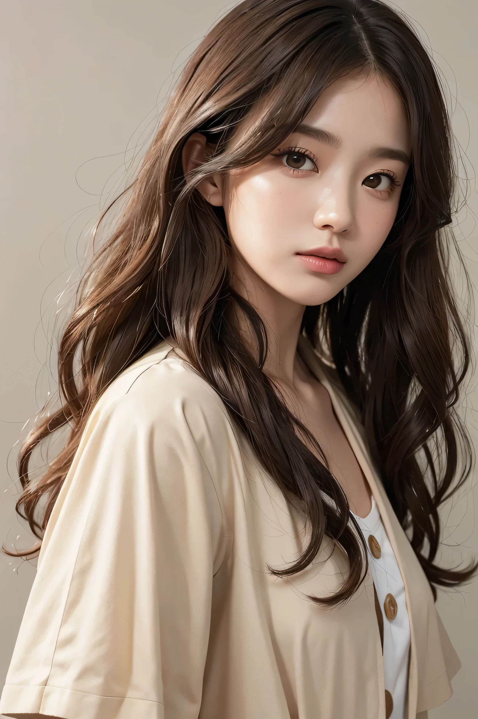 realistic light,natural light,white background,top quality、8 thousand、32,000、masterpiece、UHD:1.2)、photo of korean woman,small eyes,코리안 hippie perm헤어、dark brown hair、upper part of the body,bust、from above、wavy hair,beige short sleeve jacket,profile,long hair,pair of,wet hair,good hair,multi-layered hair,layer cut hair,perm hair,wave perm,Jelly perm,hippie perm,wavy hair,Abundant hair