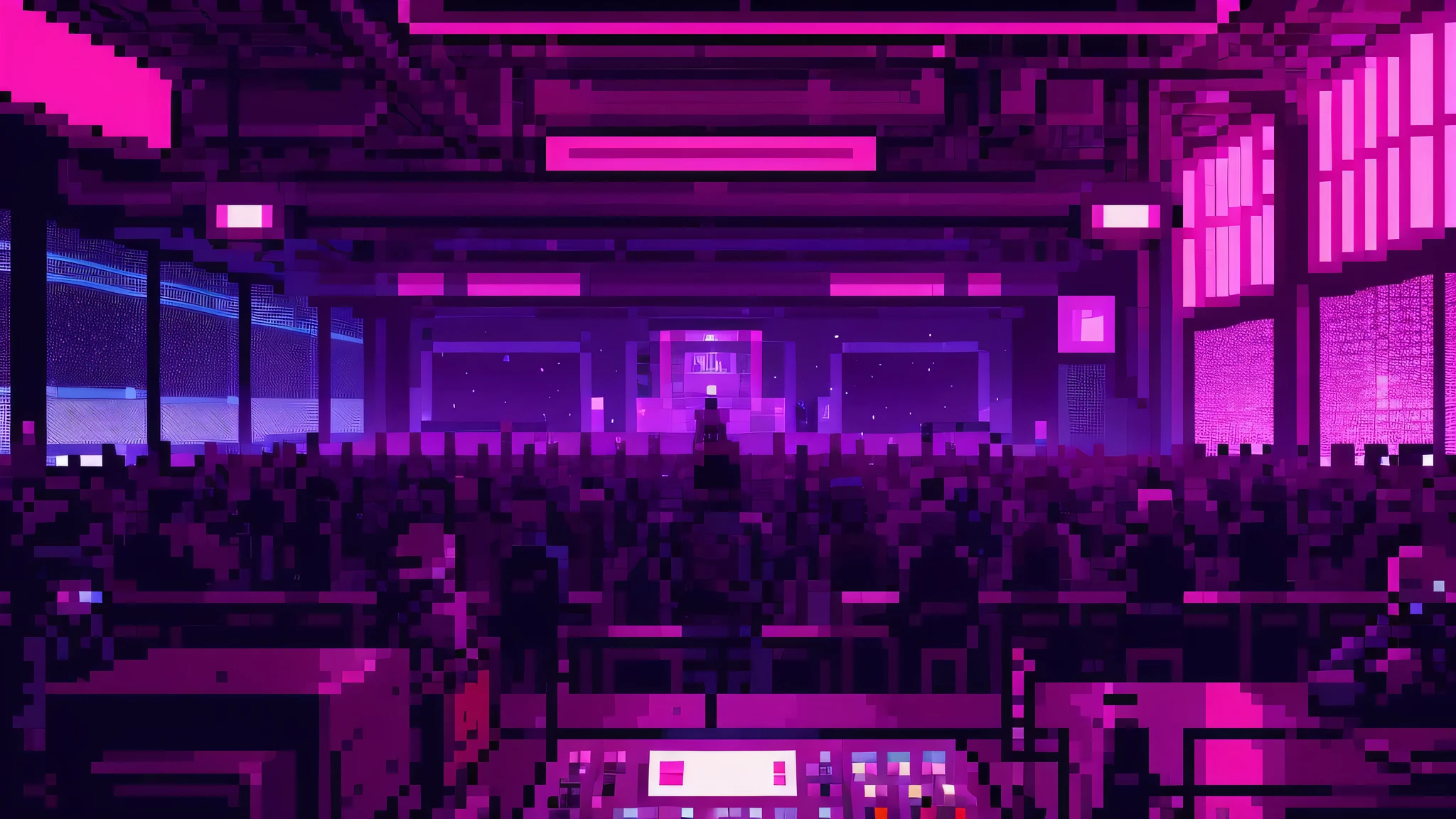 Pixel world, Industrial, Futuristic, red lighting and purple lighting, scifi, inside a club, camera panned distantly behind player, player is wearing metallic armor, player is looking away from the camera at the dance floor,  huge crowd on dance floor, smaller amount of people at tables, DJ in the back, disco ball on ceiling