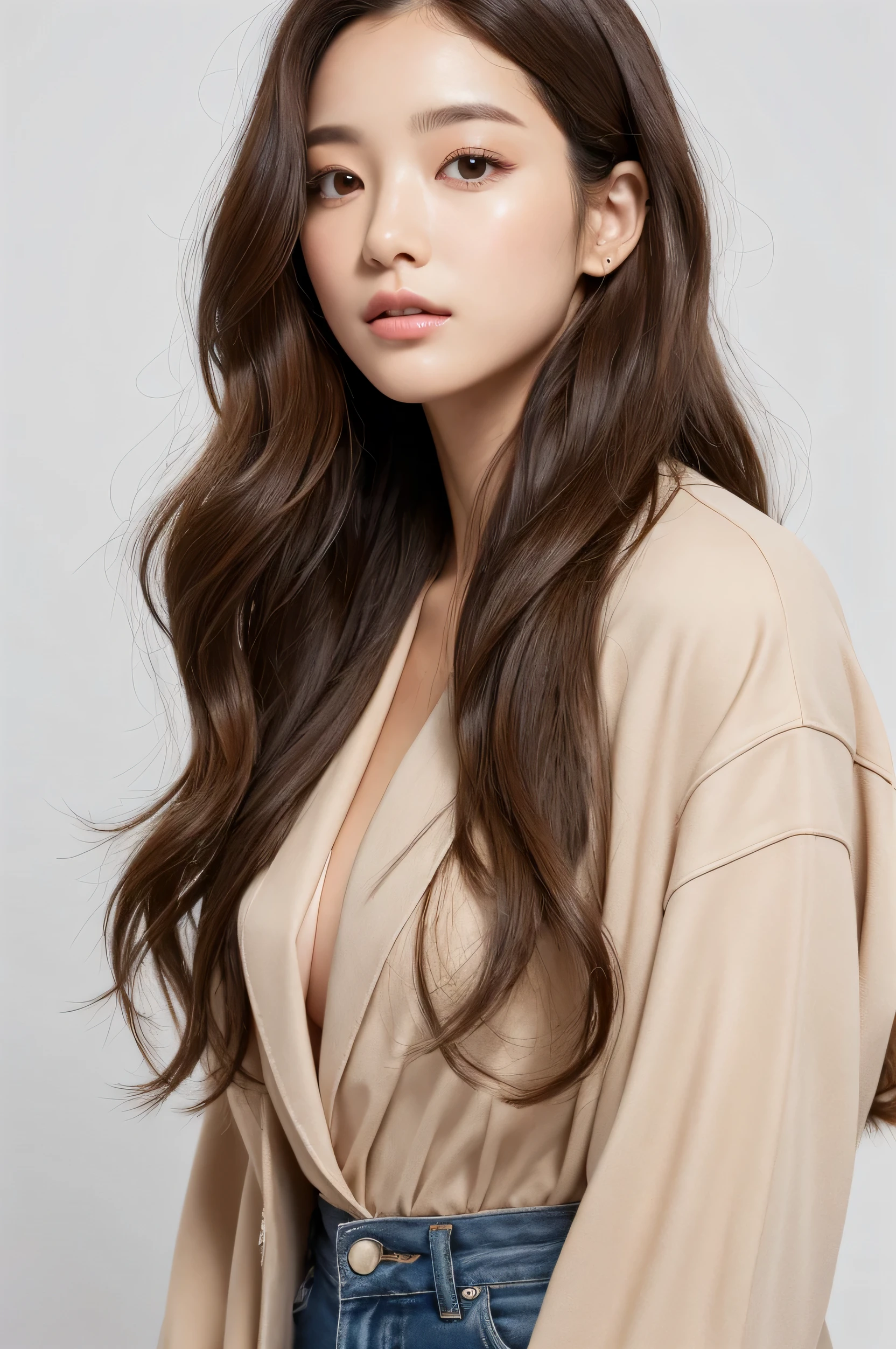 realistic light,natural light,white background,white background,top quality、8 thousand、32,000、masterpiece、UHD:1.2)、photo of korean woman,small eyes,코리안 hippie perm헤어、dark brown hair、upper part of the body,bust、from above、wavy hair,beige short sleeve jacket,profile,long hair,pair of,wet hair,good hair,multi-layered hair,layer cut hair,perm hair,wave perm,Jelly perm,hippie perm,wavy hair,Abundant hair,voluminous hair,