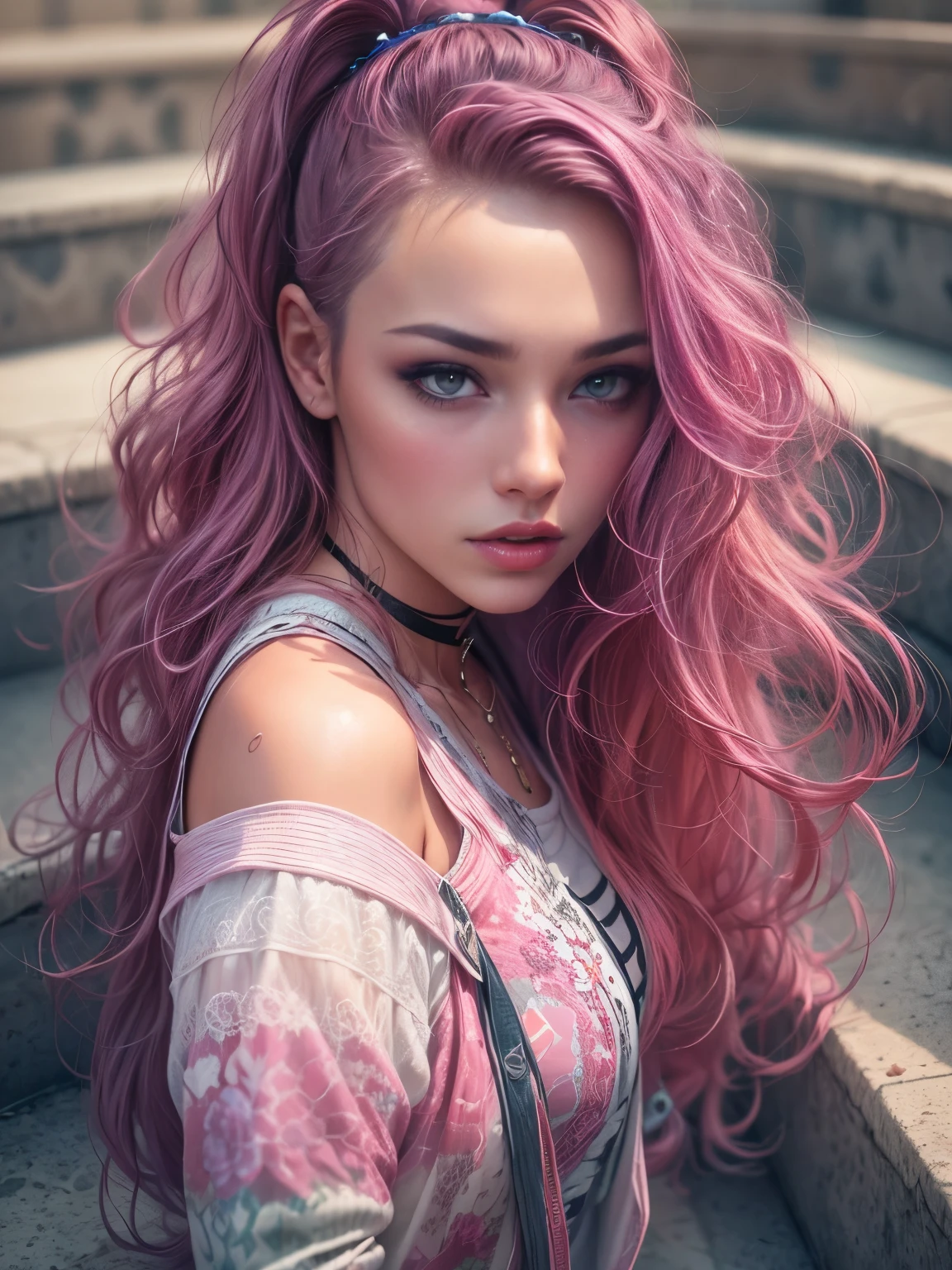 photorealistic, high resolution, 1 beautiful female, long wavy hairstyle, pink hair, grunge streetwear, background mall stairway, dynamic pose, dramatic, chromatic aberration.