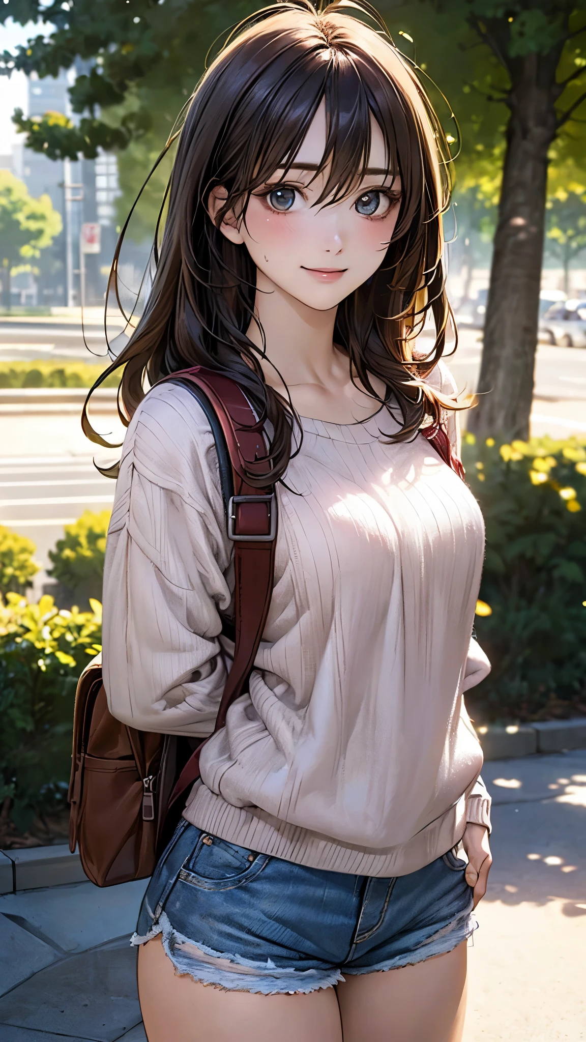(masterpiece:1.2, top-quality), (realistic, photorealistic:1.4), beautiful illustration, (natural side lighting, movie lighting), nsfw,
looking at viewer, 1 girl, japanese, high school girl, 15 years old, perfect face, cute and symmetrical face, shiny skin,
(long hair:1.2, messy hair, sideburns, light brown hair), hair between eyes, dark green eyes, long eye lasher, (medium breasts), slender,
beautiful hair, beautiful face, beautiful detailed eyes, beautiful clavicle, beautiful body, beautiful chest, beautiful thigh, beautiful legs, beautiful fingers,
(light gray sweater, denim shorts, light pink backpack),
(beautiful scenery), late afternoon, (outdoors), standing, (lovely smile, upper eyes),