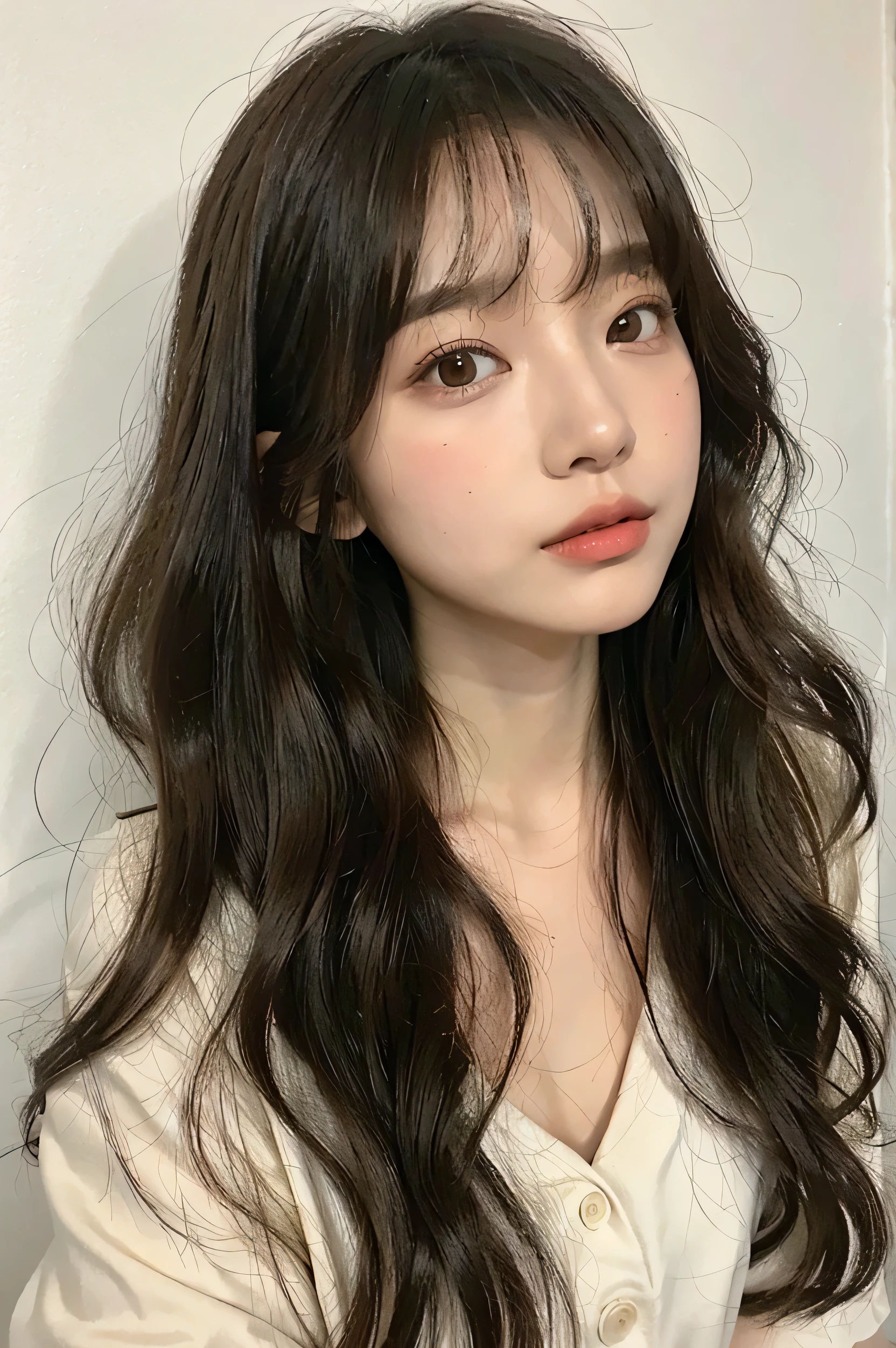 realistic light,natural light,white background,top quality、8 thousand、32,000、masterpiece、UHD:1.2)、photo of korean woman,small eyes,코리안 hippie perm헤어、dark brown hair、upper part of the body,bust、from above、Wavehead,beige short sleeve jacket,profile,long hair,pair of,wet hair,good hair,multi-layered hair,layer cut hair,perm hair,wave perm,Jelly perm,hippie perm,wavy hair,Abundant hair