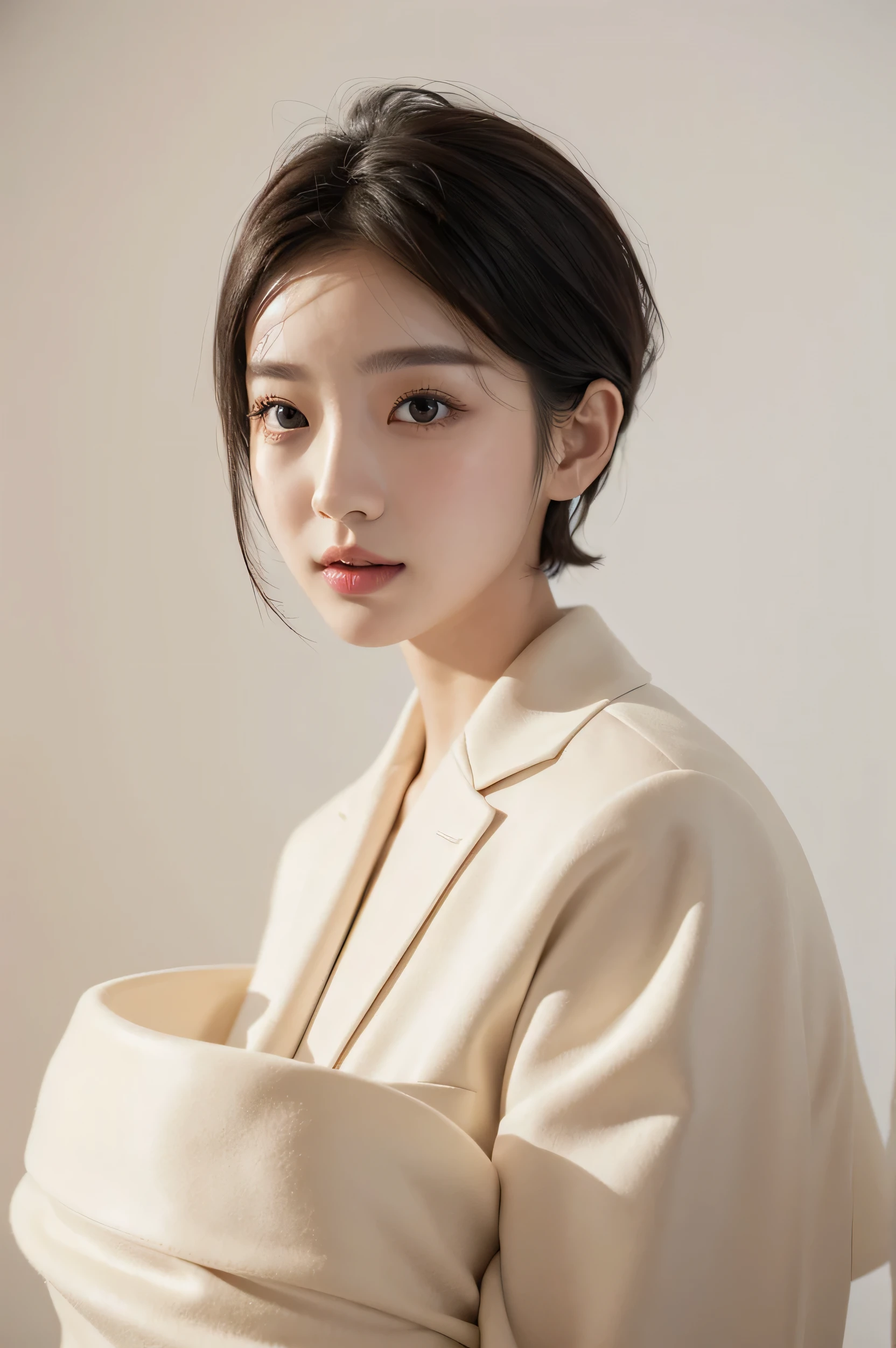 realistic light,natural light,white background,top quality、8 thousand、32,000、masterpiece、UHD:1.2)、photo of korean woman、Korean Shorthair、black hair、upper part of the body,bust、from above、Short hair,ivory jacket,profile,아주Short hair,shortcut,45 city line,pair of,wet hair,good hair