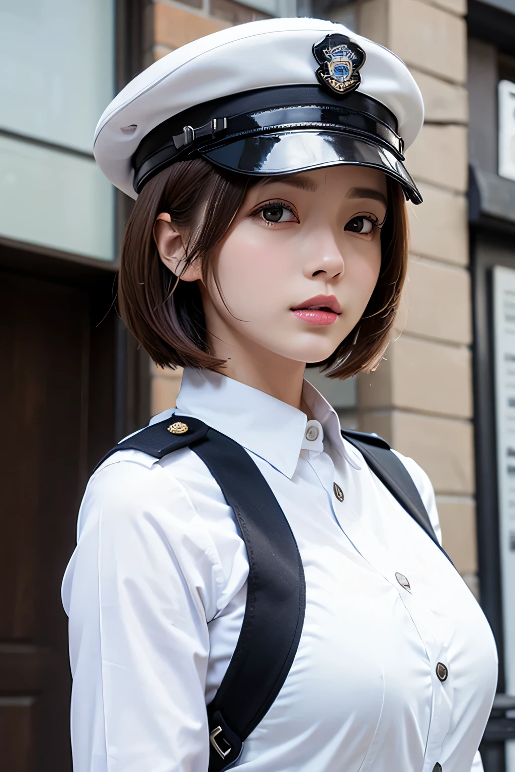 White Police Uniform、White Police Cap、whole body、photo taken from below、a beautiful female police officer、((brown bob hair))、city
