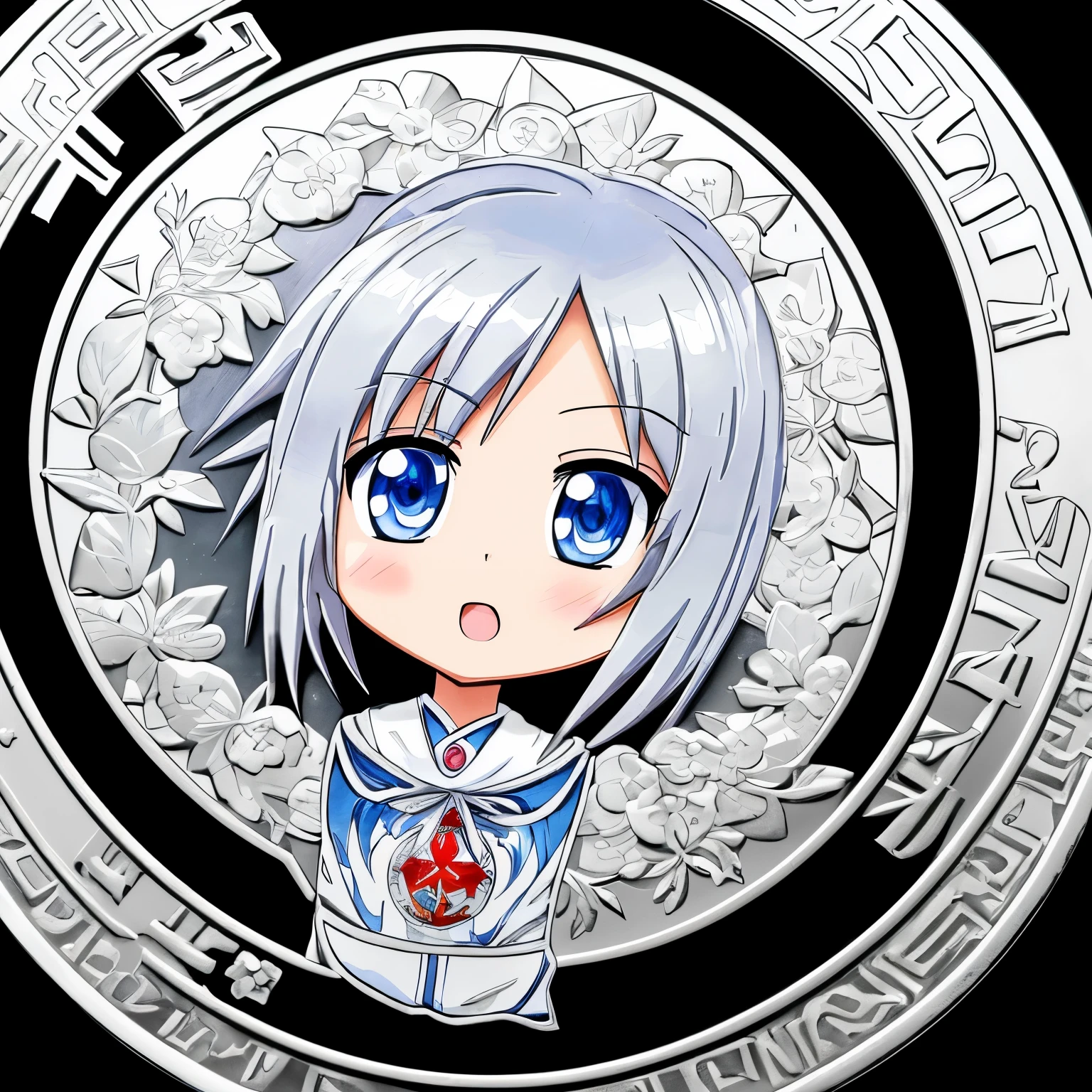 (( a silver coin with a hand-painted anime character on its front.)) The chibi girl's deformed features and playful expression make this coin a unique and captivating piece of art. The level of detail in this image will leave you in awe.