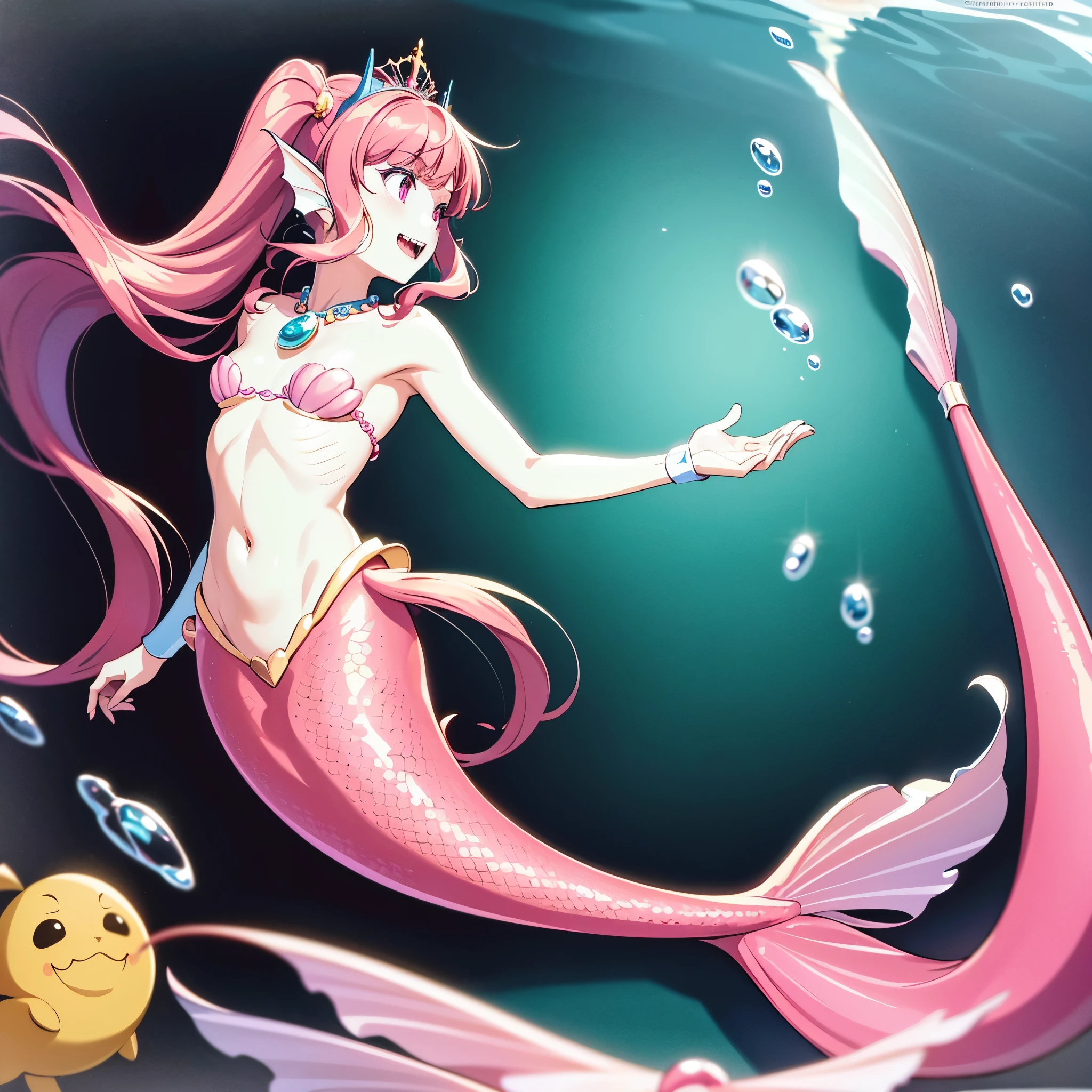 (best quality,4k,8k,highres,masterpiece:1.2),ultra-detailed, Pretty princess magically transformed into a beautiful mermaid, race swap, fantastic transformation, none human, steampunk, fish like, wet body, surrounded by small bubbles, long mermaid tail below waistline, fins ears, shimmering red fish scales, drawn in anime style, very long pigtails red hair, sharp teeth, is smiling, pink eyes, small breast, long pelvic and dorsal fins, pair of fish gills on the torso, seashells bra, starfish hair clips, pearl earrings and bracelets, pearl necklace, hair ribbons, gold tiara, ocean depths, swimming underwater, joyful expression, playful mermaid poses, sparkling water, water reflections, ethereal atmosphere, subtle glow, whimsical and enchanting, checking her new body, underwater world, colorful coral reef, magical underwater lighting, vivid colors, breathing underwater, endless ocean depths, sunlight filtering through the water, Highly detailed, masterpiece, high quality, 4K.