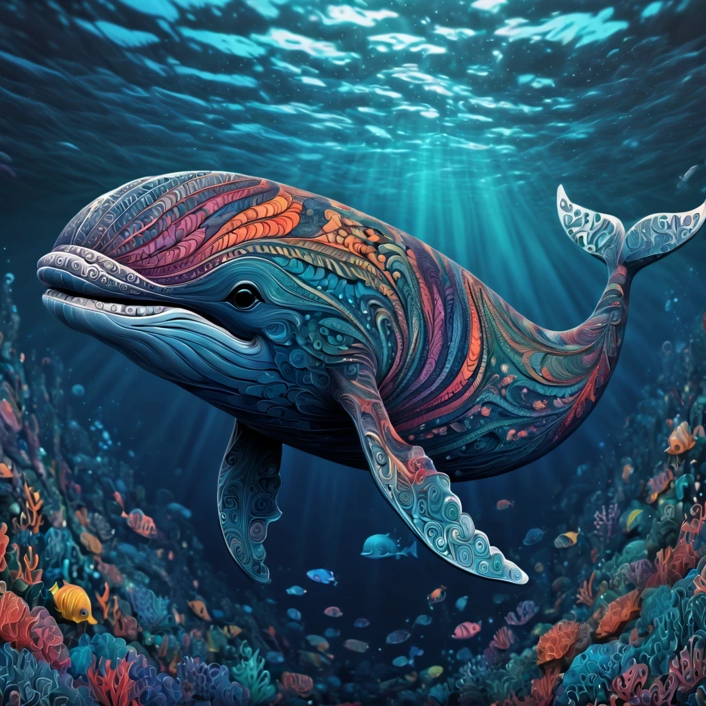 (best quality, highres, ultra sharp), magical ,cute Giant whale, in the ocean, zentangle, full colored, 3d crunch, realistic feeling,