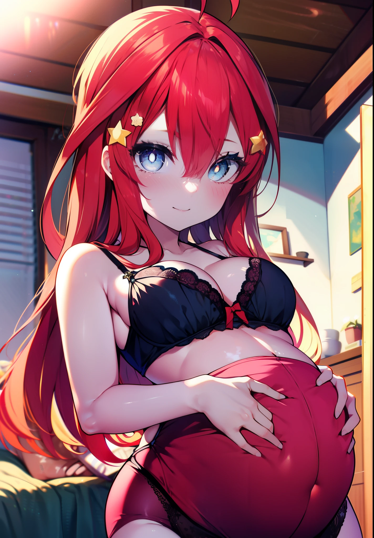 itsukinakano, Itsuki Nakano, bangs, blue eyes, hair between eyes, Ahoge, redhead, star \(symbol\), hair ornaments, star hair ornaments,blush,smile,red bra,red underwear,black tights,garter belt,pregnant woman with long red hair,Pregnant, Pregnantのお腹を抱きしめる,
break indoors, room,
break (masterpiece:1.2), highest quality, High resolution, unity 8k wallpaper, (shape:0.8), (fine and beautiful eyes:1.6), highly detailed face, perfect lighting, Very detailed CG, (perfect hands, perfect anatomy),