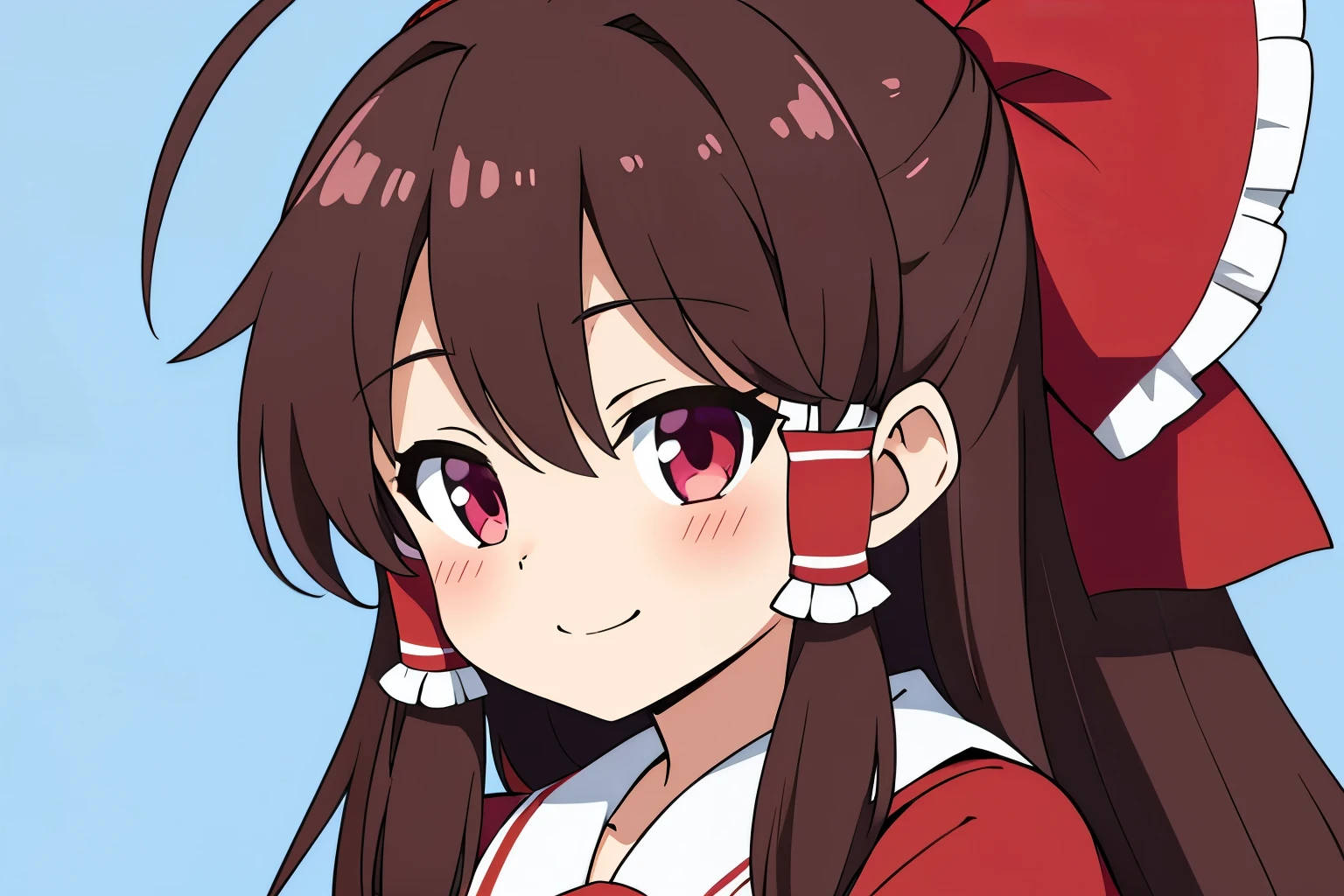 anime style、masterpiece、highest quality、one girl、solo、(eye highlight)、(Reimu Hakurei)、blush、(bewitching smile)、simple background、