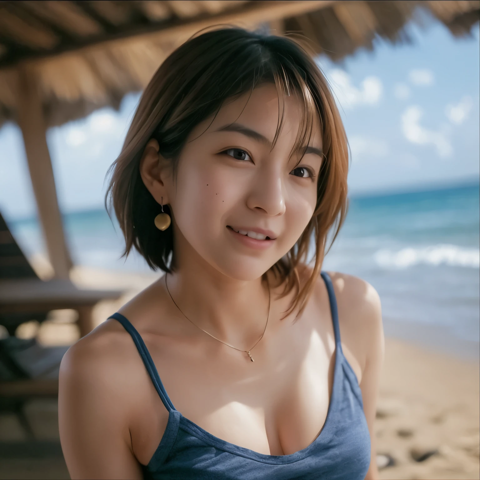 1 girl, Japan person, 45 years old, photorealistic, beautiful and detailed face, viewer, simple background, solo, sea, bikini, small breasts, tank top. sunny, summer vacati Identidendical twin sisters, Japan person, 18 years old,  on, beach, (short hair, wet), smile, movie lighting, movie, Japan drama, (necklace), earrings