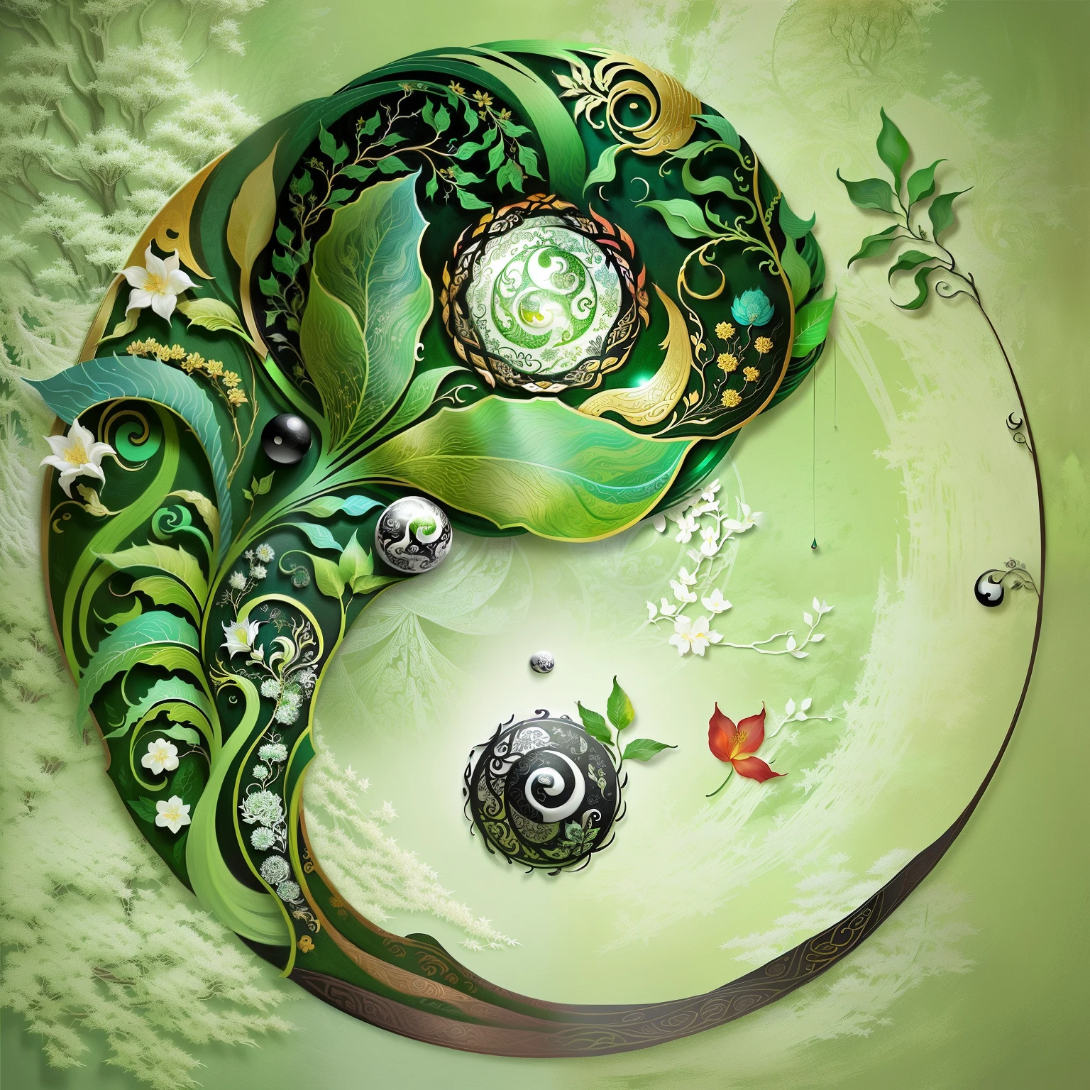 painting of a yin symbol with flowers and leaves in the middle, fantasy magical vegetation, ying and yang, made of flowers and leaves, intricate a whole fantasy leaf, a beautiful artwork illustration, yinyang shaped, artistic illustration, fantasy drawing made of fractals, ecological art, woman made of plants, celtic vegetation, intricate organic painting, yin yang, beautiful digital artwork