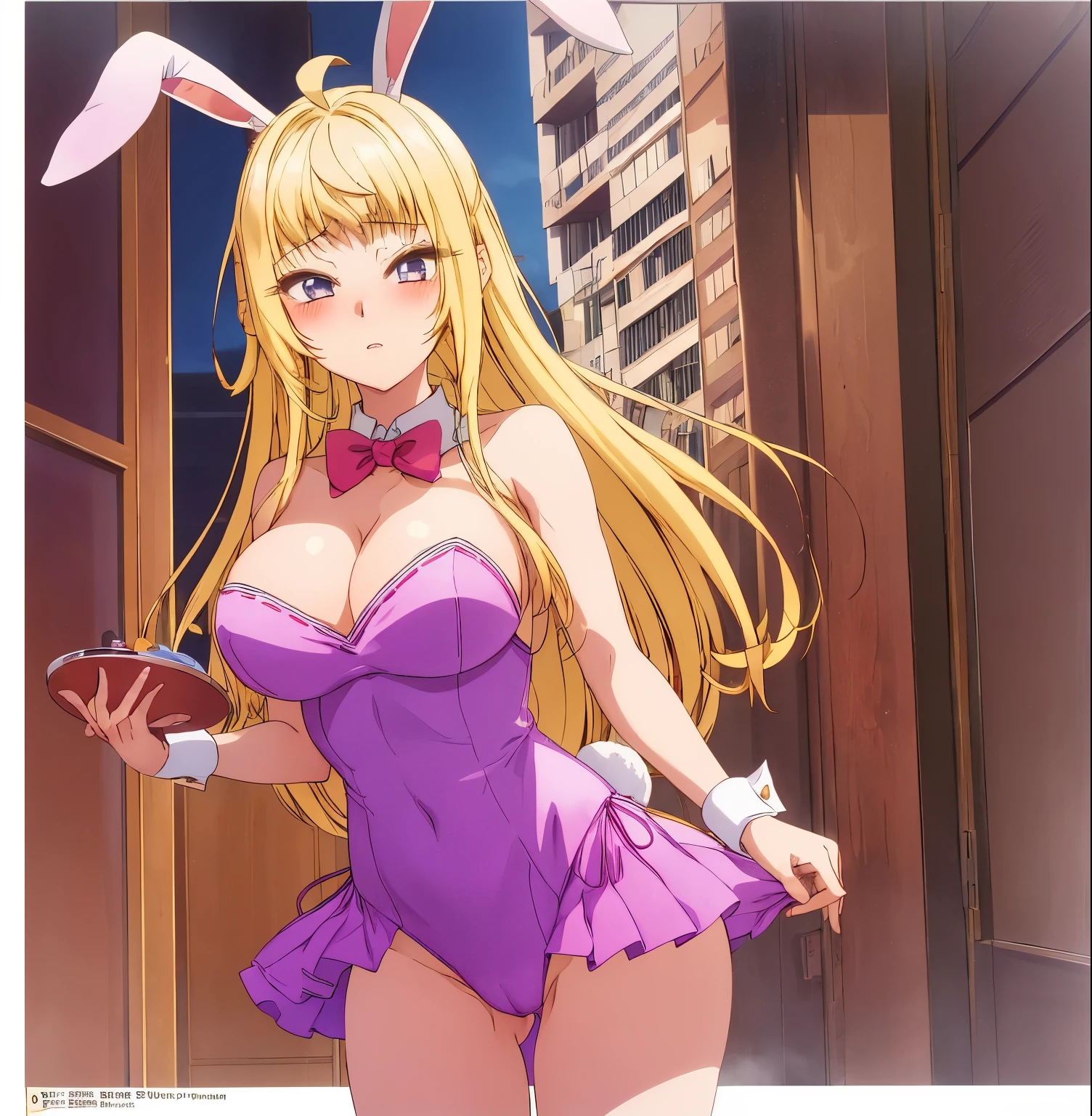 1girl, alone, minami fuyuki, masterpiece, best quality, high resolution, ultra detailed, long hair, blonde hair, purple eyes, big breasts, medium waist, wide hips, medium thighs, ahoge, (rabbit ears: 1.2), red playboy bunny outfit,casino,holding tray,embarrassed,blushing,standing,perfect hands,perfect anatomy