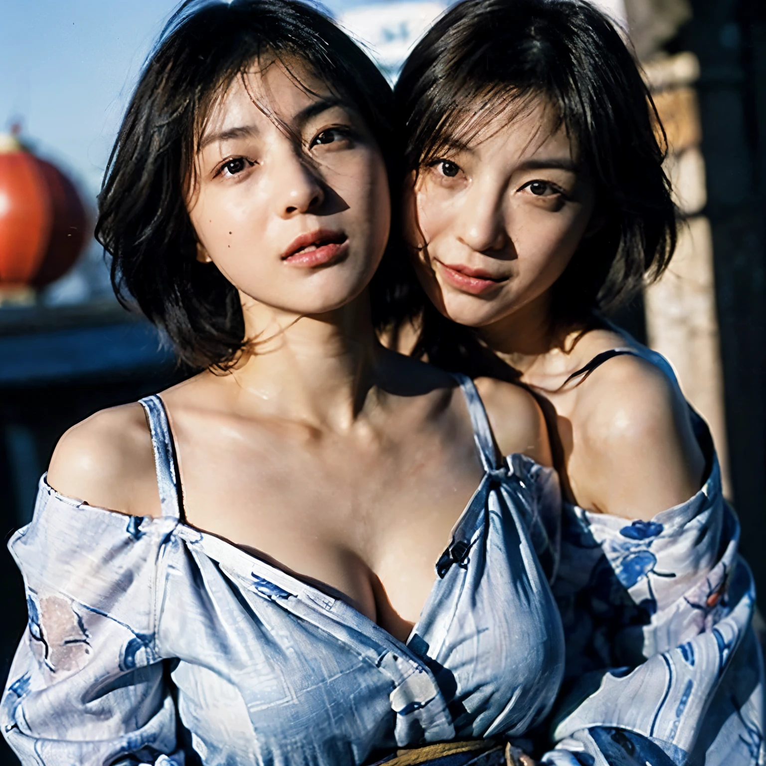((realistic lighting, highest quality, 8k, masterpiece: 1.3)), ((clear focus:1.8)), break (2 cute girls, Randomly change face type & two women's hair:1.7), break (perfect beauty, very clear skin, Very fair skin, super smart, young face、baby face、Faces with random and very beautiful details, detailed face, Beautiful symmetrical face, Beautiful symmetrical eyes, catch light on eyes、Detailed and beautiful eyes Details, large, drooping eyes, hyper detail eyes, Both eyes are in sync and in focus, thin lips、black short hair:1.4), break ((7 tolls, ramp shoulder, narrow shoulders, thin upper chest, Thin under the chest, thin waist:1.5), (very big breasts, soft chest:1.7)), (random color, random hair:1.5), (exquisite beautiful face) break (off shoulder yukata:1.5), slim body shape, break (random emotions:0.8, Random poses that are conscious of body lines synchronized with emotions, random angle, random position, random position:1.5), (Enjoy Japanese summer festivals:1.5), double eyelid,