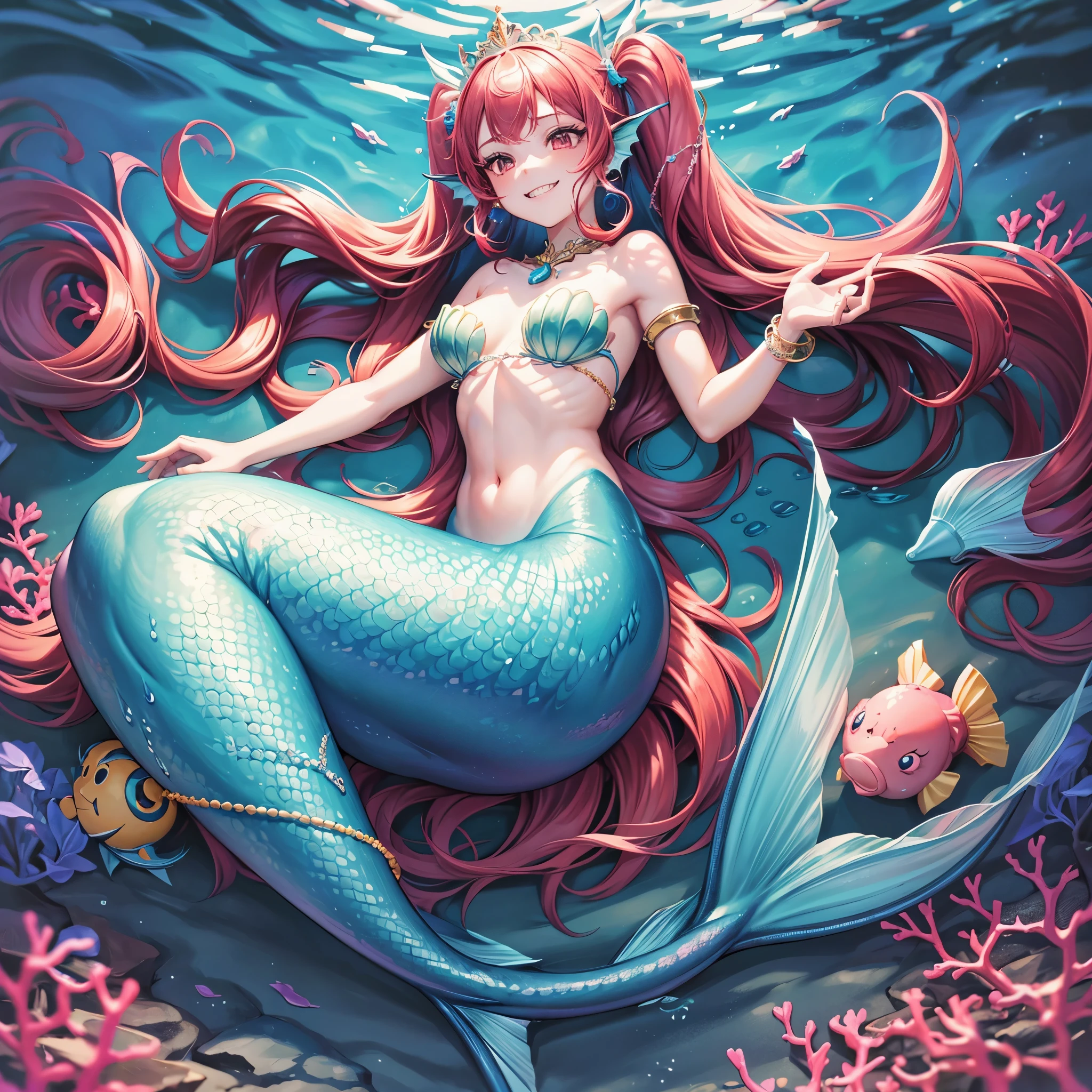 (best quality,4k,8k,highres,masterpiece:1.2),ultra-detailed, Pretty princess magically transformed into a beautiful mermaid, race swap, fantastic transformation, none human, steampunk, fish like, wet body, surrounded by small bubbles, long mermaid tail below waistline, fins ears, shimmering red fish scales, drawn in anime style, very long pigtails red hair, sharp teeth, is smiling, pink eyes, small breast, long pelvic and dorsal fins, pair of fish gills on the torso, seashells bra, star hair ornaments, pearl earrings and bracelets, pearl necklace, hair ribbons, gold tiara, ocean depths, swimming underwater, joyful expression, playful mermaid poses, sparkling water, water reflections, ethereal atmosphere, subtle glow, whimsical and enchanting, checking her new body, underwater world, colorful coral reef, magical underwater lighting, vivid colors, breathing underwater, endless ocean depths, sunlight filtering through the water, Highly detailed, masterpiece, high quality, 4K.