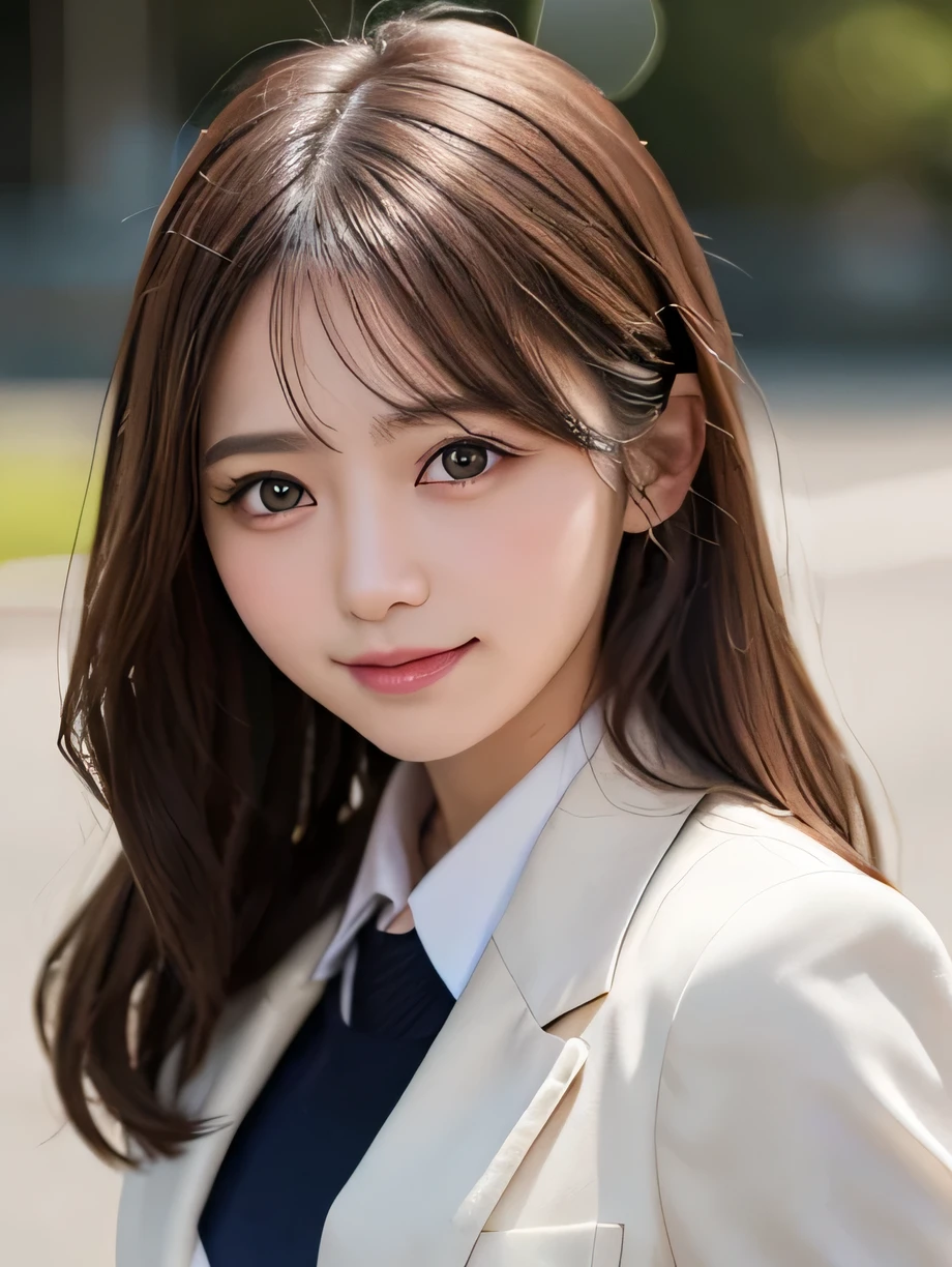 table top, highest quality, super detailed, finely, High resolution, 8k wallpaper, perfect dynamic composition, 1 girl, japanese girl, enchanting smile, smile shyly, beautiful, Very good-looking, cute like a doll, female idol, round big eyes, droopy eyes, small nostrils, 緻密でbeautiful目,  natural lip, not wearing makeup, blazer , Japanese high school uniform, big breasts, bust shot, soft light, using a reflector, (50mm lens:1.3), f/1.4, (Bokeh:1.4), (blurred background:1.4),