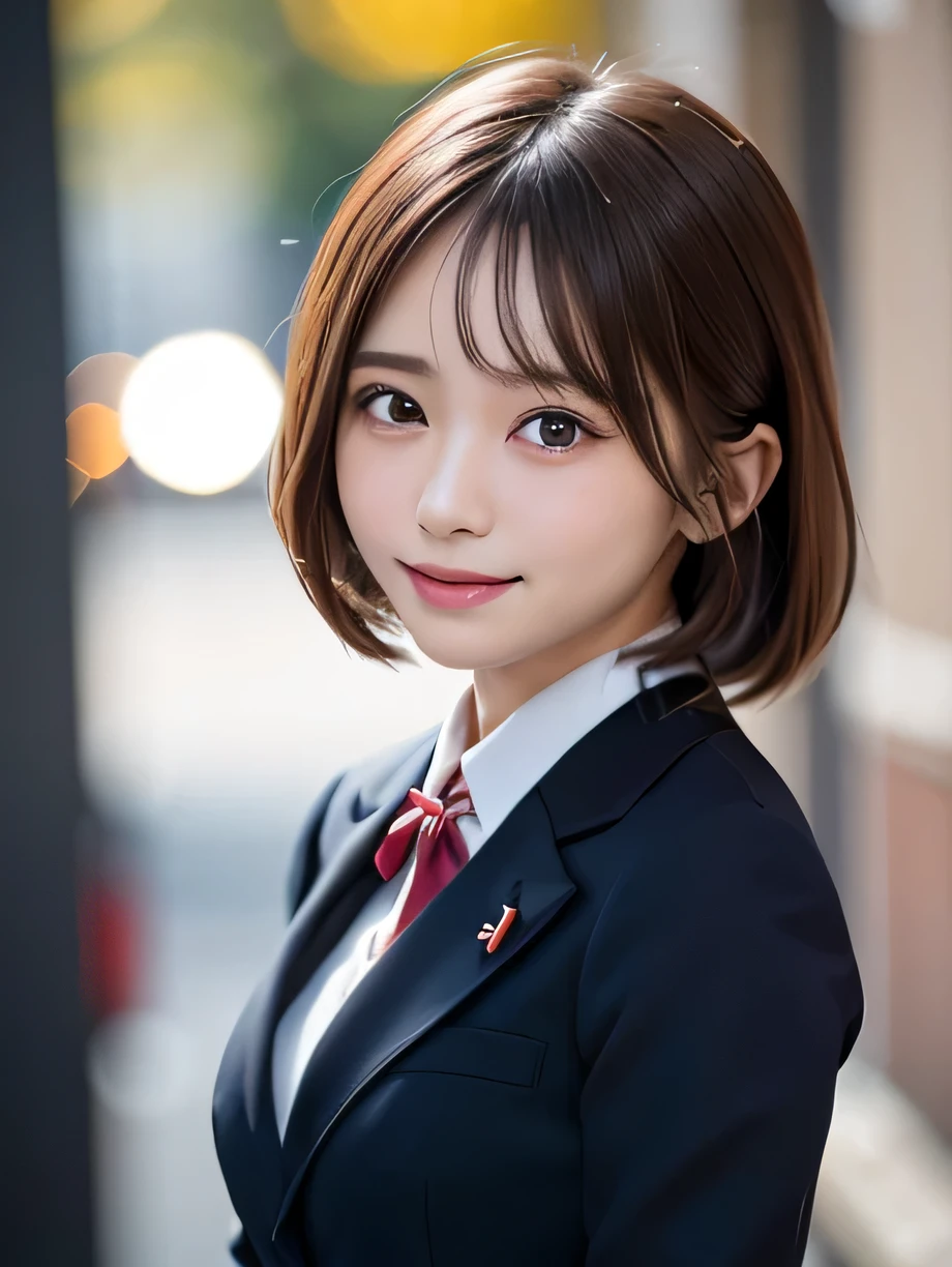 table top, highest quality, super detailed, finely, High resolution, 8k wallpaper, perfect dynamic composition, 1 girl, japanese girl, enchanting smile, smile shyly, beautiful, Very good-looking, cute like a doll, female idol, round big eyes, droopy eyes, small nostrils, 緻密でbeautiful目, natural lip, not wearing makeup, blazer , Japanese high school uniform, big breasts, bust shot, soft light, using a reflector, (50mm lens:1.3), f/1.4, (Bokeh:1.4), (blurred background:1.4),