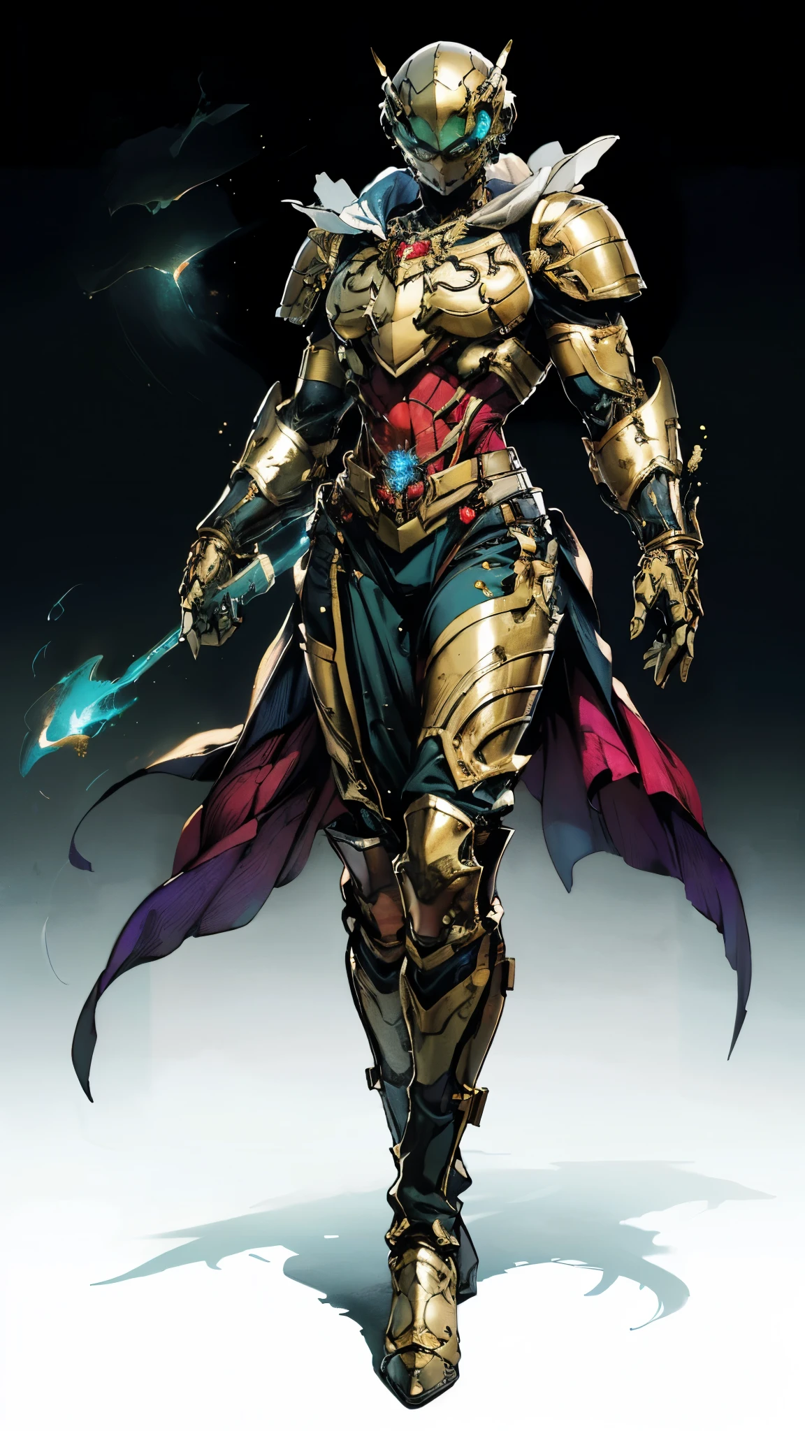 A woman adorned in fantasy-style full-body armor, a crown-concept fully enclosed helmet that unveils only her eyes, a composite layered chest plate, fully encompassing shoulder and hand guards, a lightweight waist armor, form-fitting shin guards, the overall design is heavy-duty yet flexible, (the armor gleams with a golden glow, complemented by red and blue accents), exhibiting a noble aura, she floats above a fantasy-surreal high-tech city, this character embodies a finely crafted fantasy-surreal style armored hero in anime style, exquisite and mature manga art style, (mixture of Queen bee and Spider concept Armor, plasma), ((Element, elegant, goddess, femminine:1.5)), metallic, high definition, best quality, highres, ultra-detailed, ultra-fine painting, extremely delicate, professional, anatomically correct, symmetrical face, extremely detailed eyes and face, high quality eyes, creativity, RAW photo, UHD, 32k, Natural light, cinematic lighting, masterpiece-anatomy-perfect, masterpiece:1.5