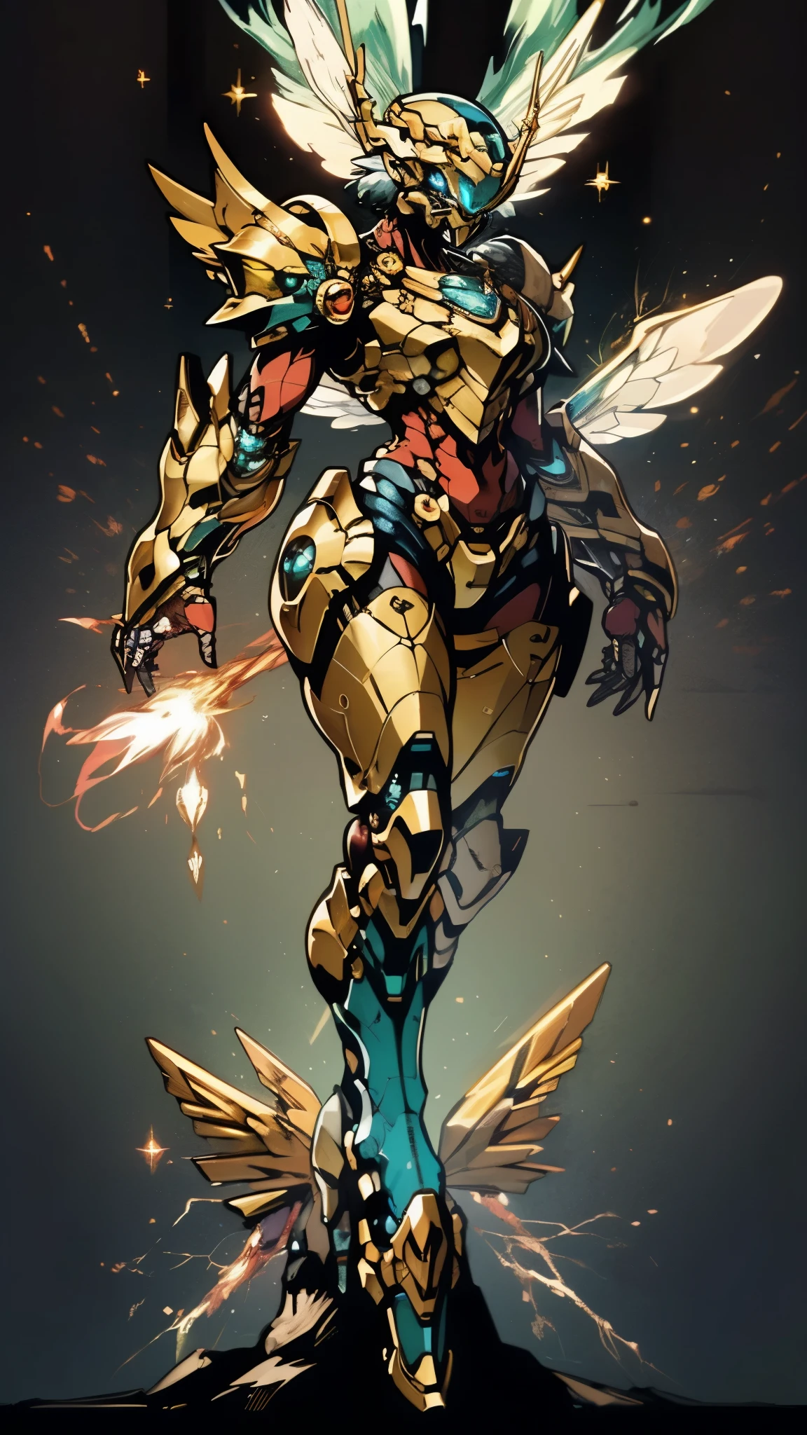 A woman adorned in fantasy-style full-body armor, a crown-concept fully enclosed helmet that unveils only her eyes, a composite layered chest plate, fully encompassing shoulder and hand guards, a lightweight waist armor, form-fitting shin guards, the overall design is heavy-duty yet flexible, (the armor gleams with a golden glow, complemented by red and blue accents), exhibiting a noble aura, she floats above a fantasy-surreal high-tech city, this character embodies a finely crafted fantasy-surreal style armored hero in anime style, exquisite and mature manga art style, (mixture of Queen bee and Spider concept Armor, plasma), ((Element, elegant, goddess, femminine:1.5)), metallic, high definition, best quality, highres, ultra-detailed, ultra-fine painting, extremely delicate, professional, anatomically correct, symmetrical face, extremely detailed eyes and face, high quality eyes, creativity, RAW photo, UHD, 32k, Natural light, cinematic lighting, masterpiece-anatomy-perfect, masterpiece:1.5