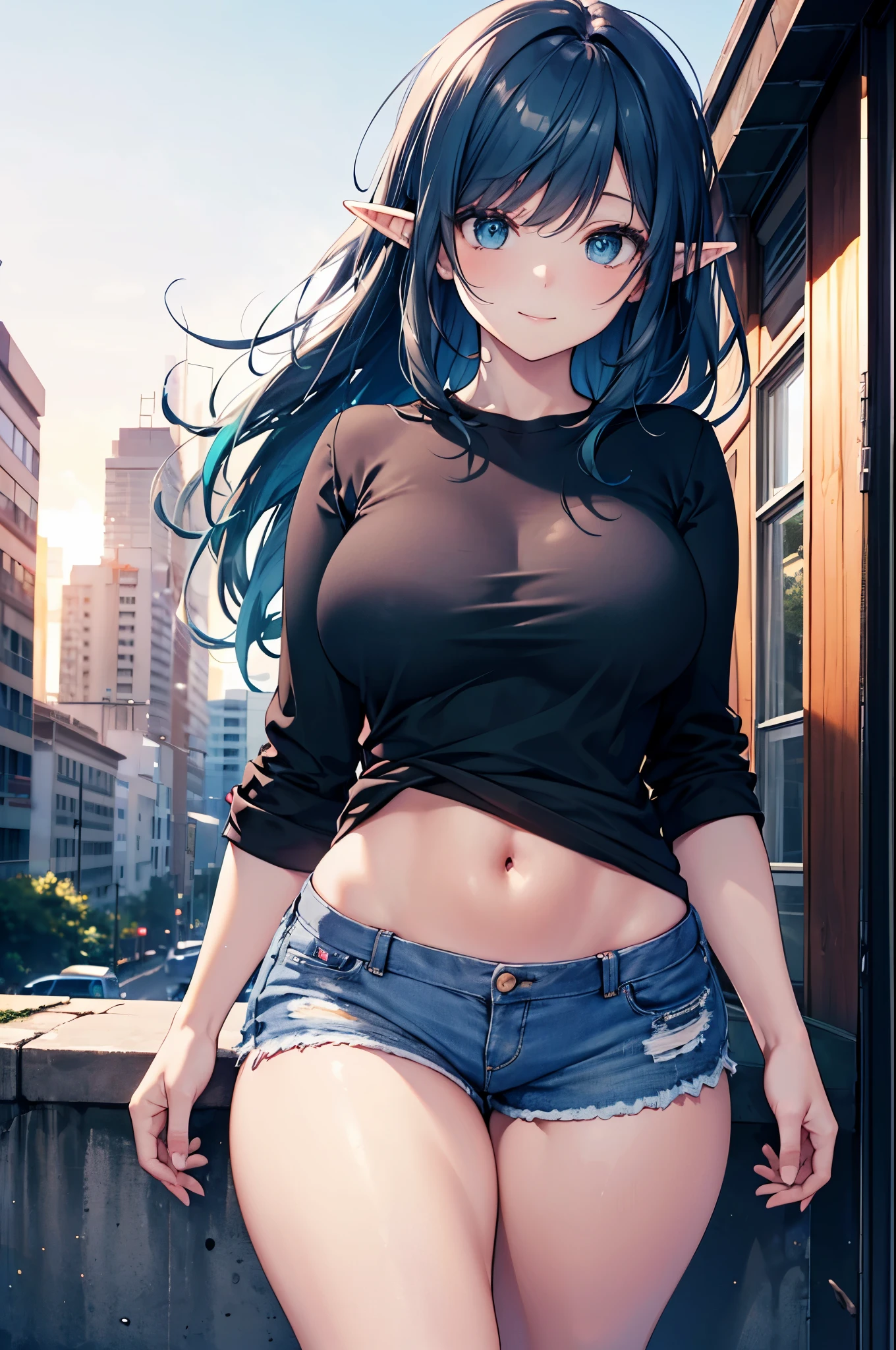 realistic image, coherent image, detailed image, 1 beautiful elf, She has long dark blue hair, long eyelashes. Greenish blue eyes. Her face is oval and delicate, smiling. She is wearing a long-sleeved t-shirt, showing her navel, ripped shorts, and sneakers. She has a curvy body, medium breasts, thick thighs, urban background, surrounded by buildings, natural lighting, volumetric lighting,