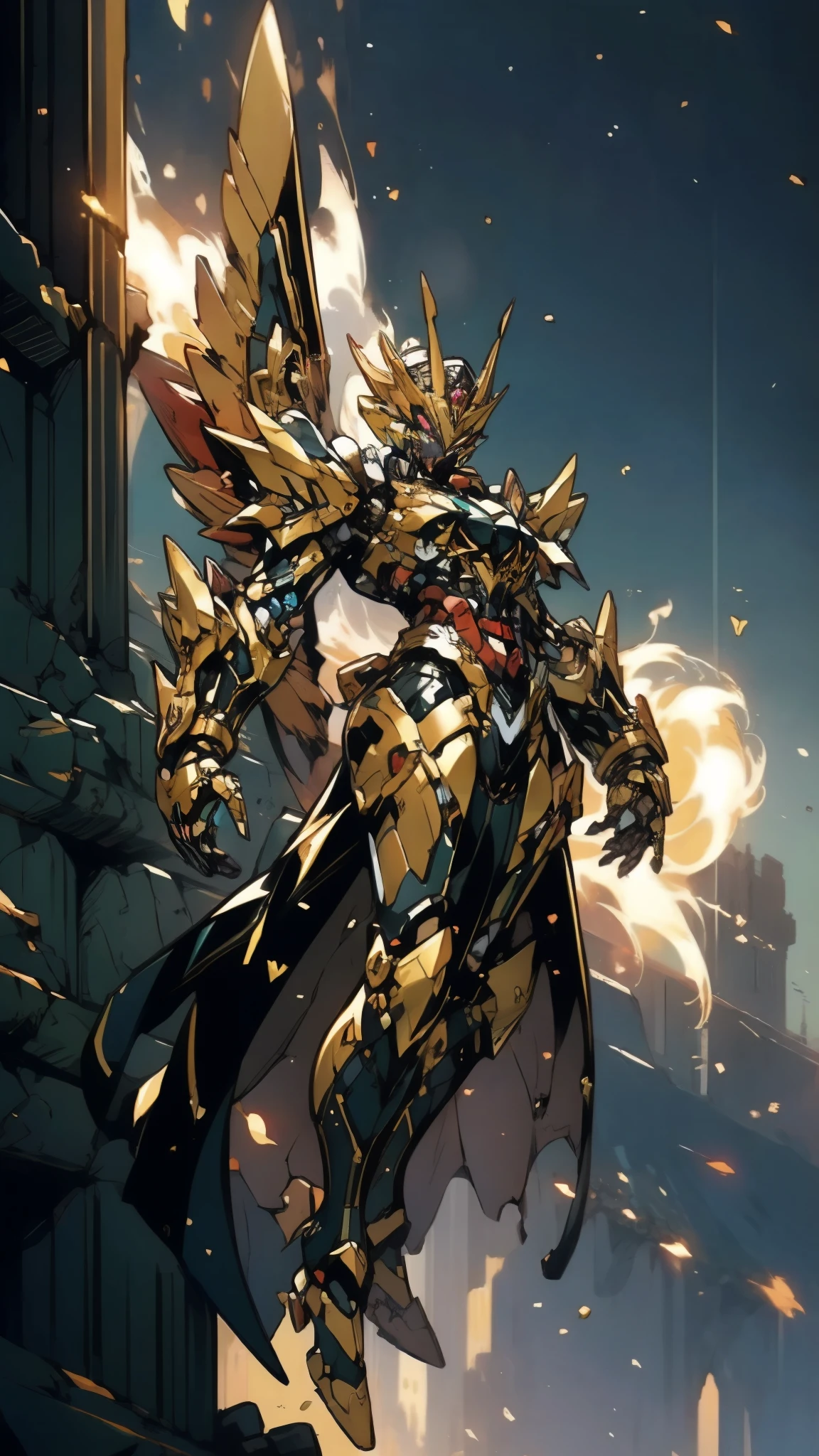 A woman adorned in fantasy-style full-body armor, a crown-concept fully enclosed helmet that unveils only her eyes, a composite layered chest plate, fully encompassing shoulder and hand guards, a lightweight waist armor, form-fitting shin guards, the overall design is heavy-duty yet flexible, (the armor gleams with a golden glow, complemented by red and blue accents), exhibiting a noble aura, she floats above a fantasy-surreal high-tech city, this character embodies a finely crafted fantasy-surreal style armored hero in anime style, exquisite and mature manga art style, (mixture of Queen bee and Spider concept Armor, plasma), ((Element, elegant, goddess, femminine:1.5)), metallic, high definition, best quality, highres, ultra-detailed, ultra-fine painting, extremely delicate, professional, anatomically correct, symmetrical face, extremely detailed eyes and face, high quality eyes, creativity, RAW photo, UHD, 32k, Natural light, cinematic lighting, masterpiece-anatomy-perfect, masterpiece:1.5